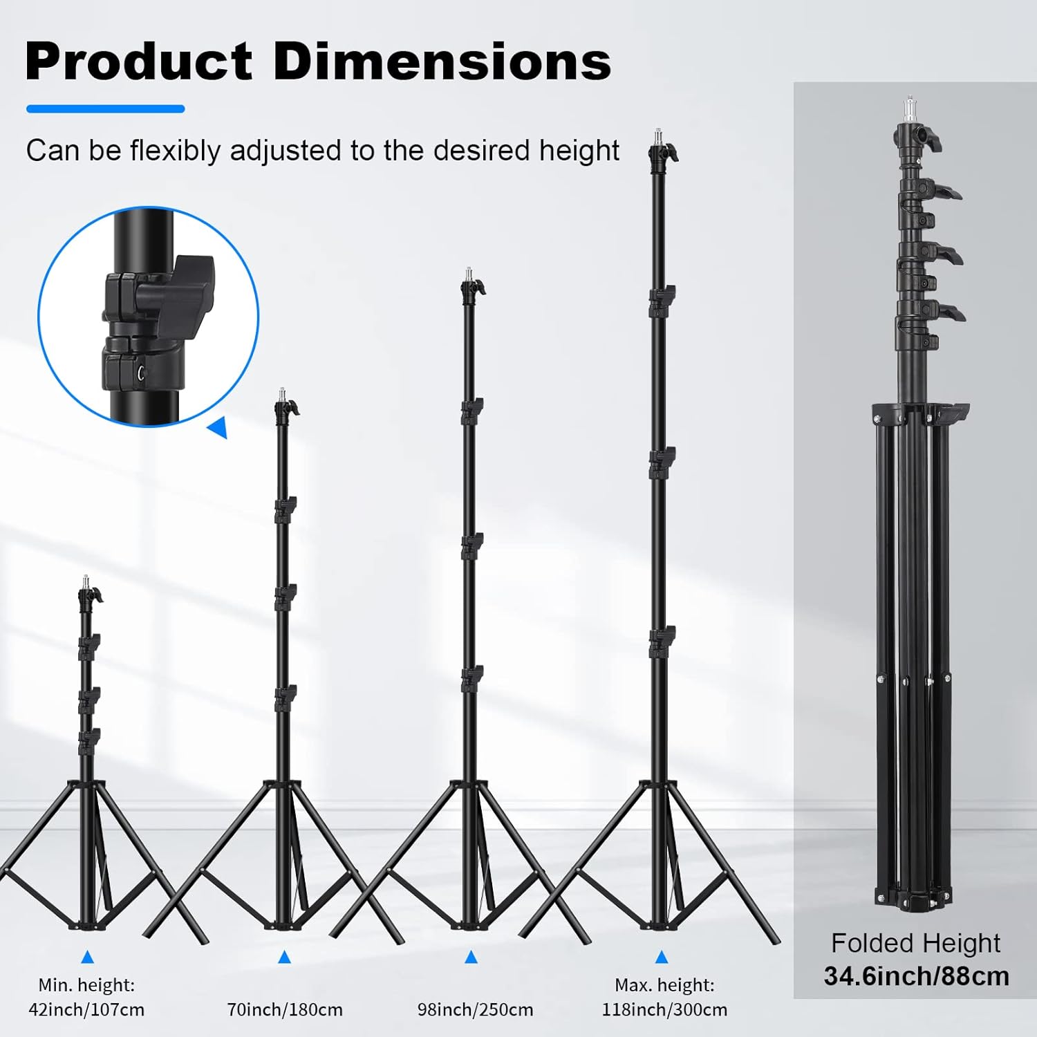 Heavy Duty Light Stand 9.8ft /3m Photography Tripod Light Stand Metal Adjustable Spring Cushioned with Carry Bag 1/4” to 3/8” Universal Screw for Photography LED Video Light, Ring Light, Monolight