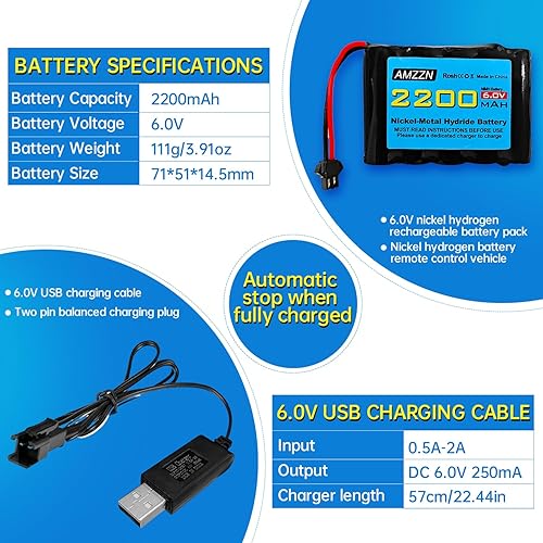 Miniatura 3 de AMZZN 2 pilas AA NiMH de 6.0 V 2200 mAh con enchufe SM-2P y cargador USB para TB141 TB142 DE37 RC coche de juguete, excavadora RC, camión y baterías