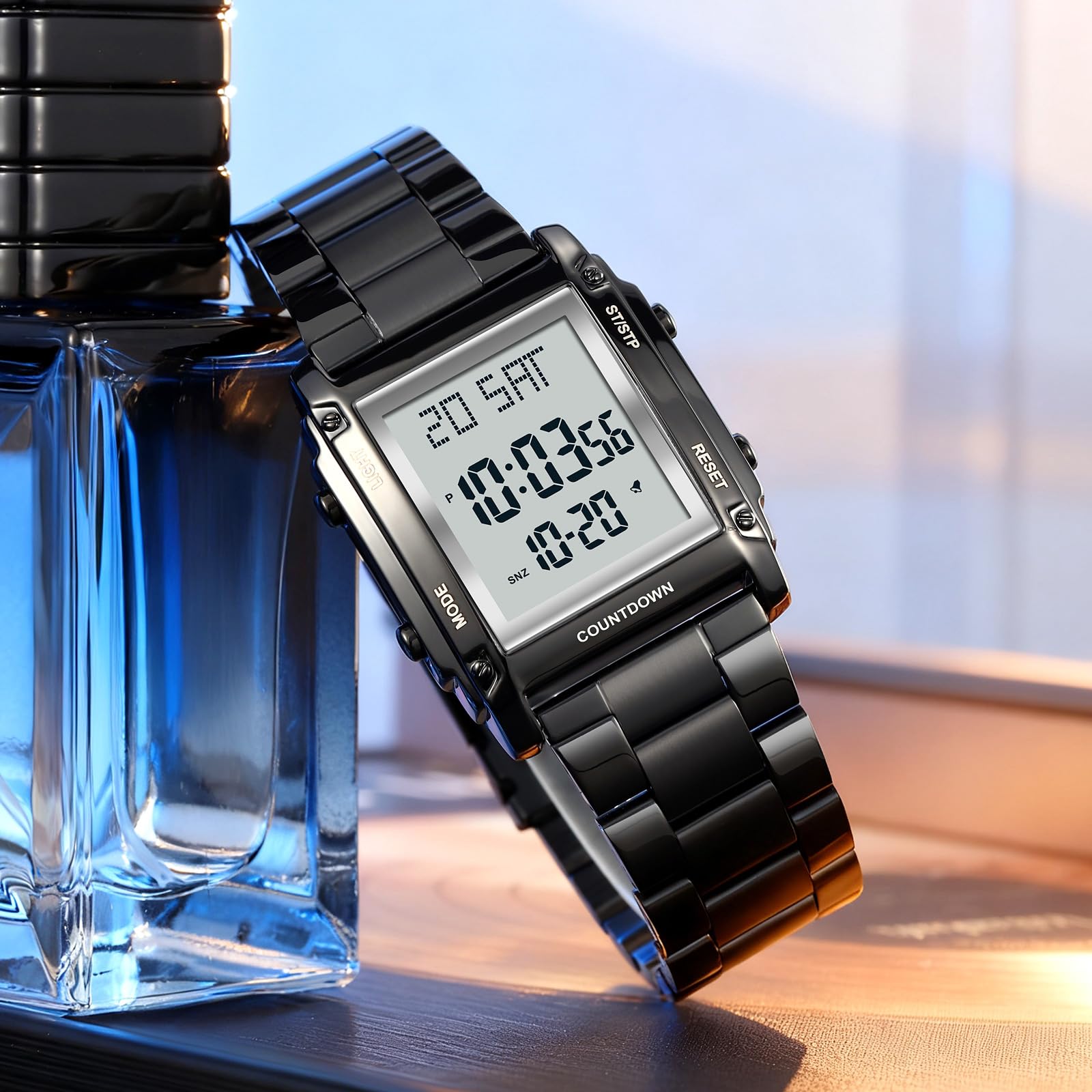 findtime Orologio da polso digitale da uomo, al quarzo, numeri grandi, lussuoso, cinturino in metallo, LED, doppio orario, data 12/24h, cronometro Coutdown, uomini anziani