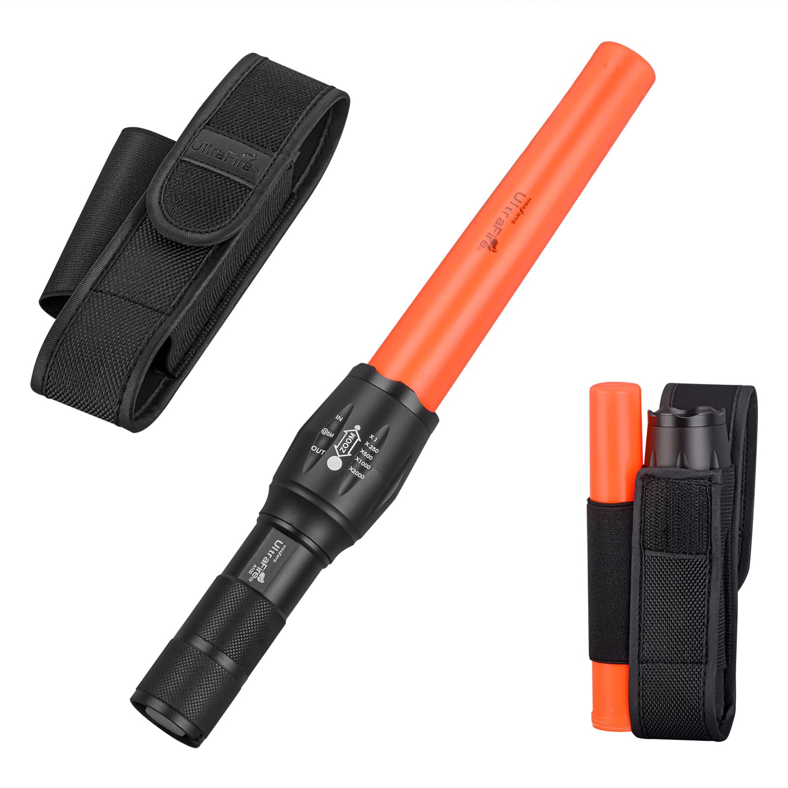 Ultrafire Black Signal Traffic Wand Led Torch With Belt Holster, 1000 Lumens Safety Flashlight For Traffic Control, Fire Police Duty, Parking, Airport, Construction, 5 Modes With Red Strobe Mode, A100