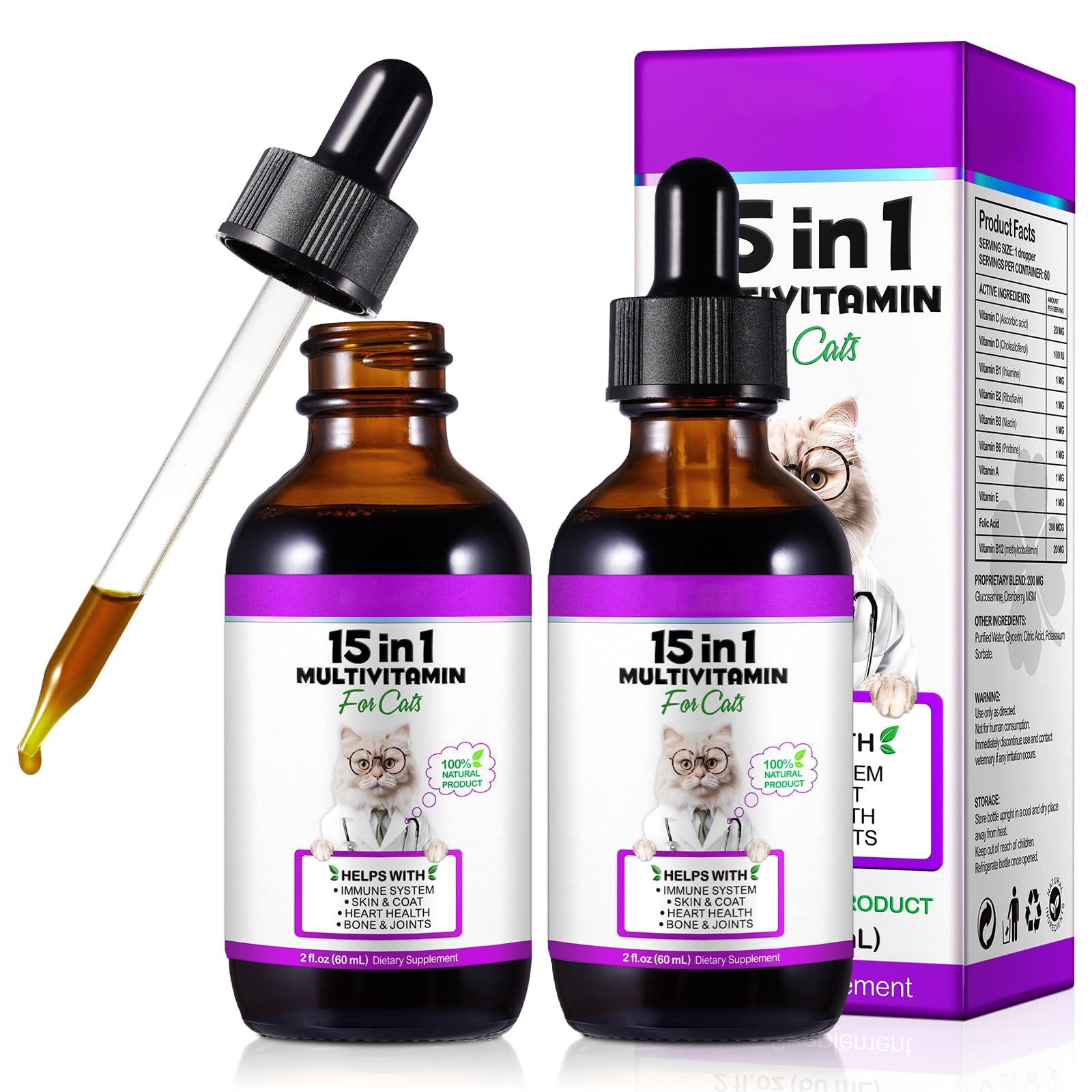 Cat Multivitamin,15 in 1 Cat Vitamins Liquid Drops Supplements for Heart Health, Bones, Joint, Skin & Coat, Bladder, Immune System Support 60ml-2pcs