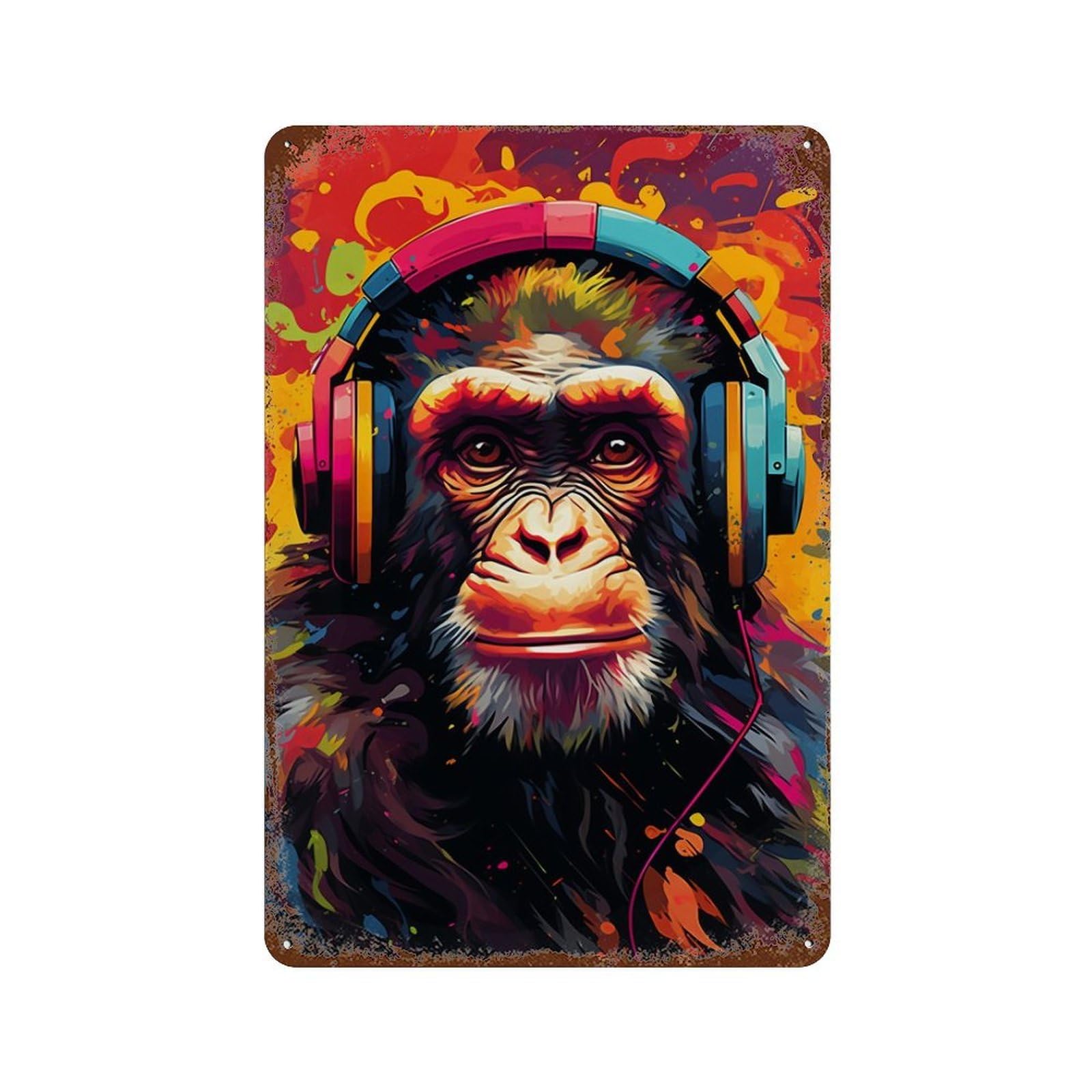 Chimpanzee Music Headphones Art Vintage Rust Metal Sign 11.8"x7.9", Ideal for Bistro, Counter And Cafe Decor