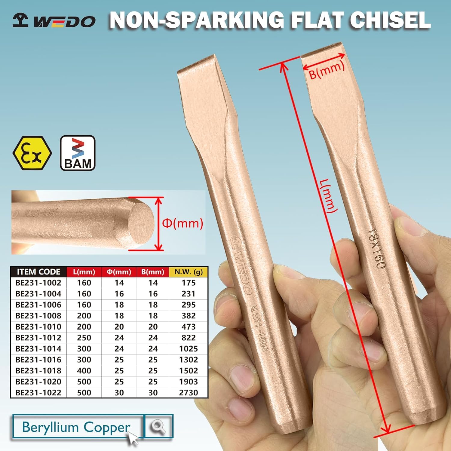 WEDO Cincel plano, cincel profesional, a prueba de explosiones, sin chispas, tamaño 24 mm, longitud 250 mm, cobre berilio, BAM/FM/DIN estándar