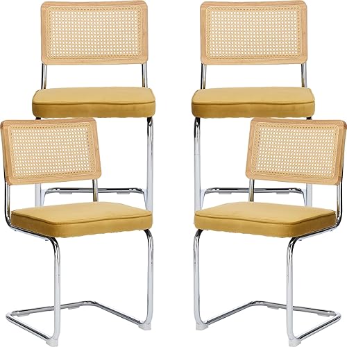 Juego de 4 sillas de comedor de ratán modernas doradas, juego de 4, sillas de cocina y comedor, sillas de comedor, tapizadas de tela de terciopelo,