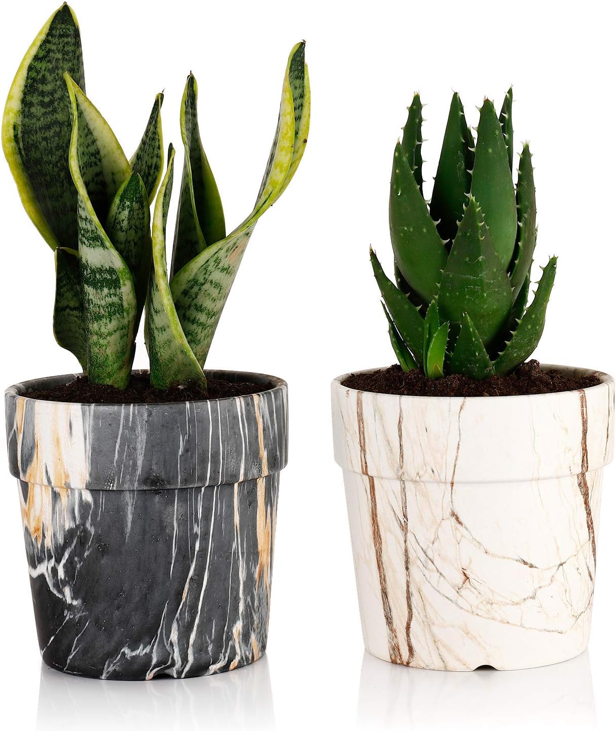 Marble Plant Pots - 5 Inch Cylinder Ceramic Planters for Succulent or Small Snake Plant, with Drainage Hole - Set of 2, Black and White