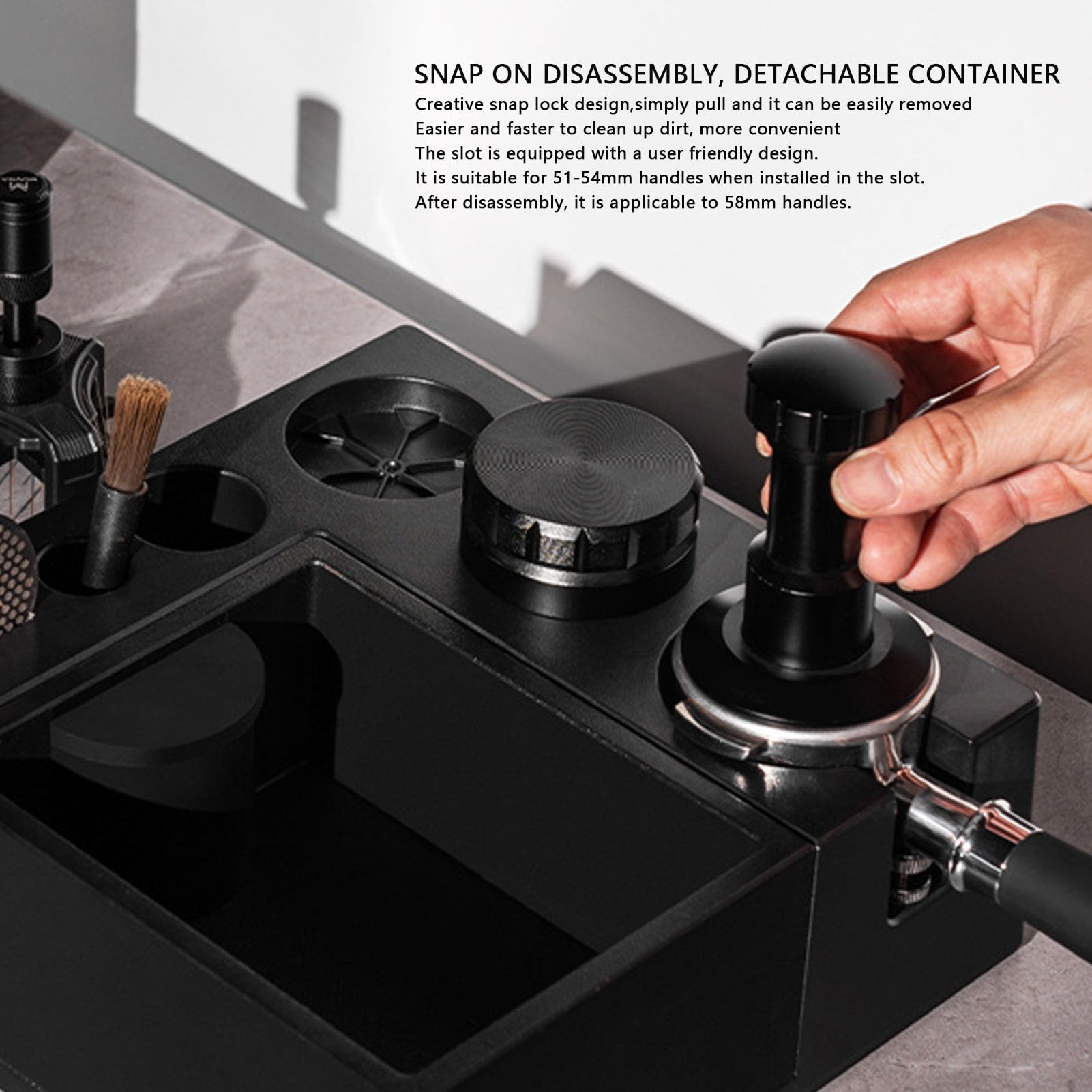 Cryfokt Tamperstation, Multifunktionaler Kaffeezubehör-Organizer mit Rutschfester Basis und Klopfbox, für 51 54 58 Mm Siebträger, Tamper-Verteiler (BLACK)