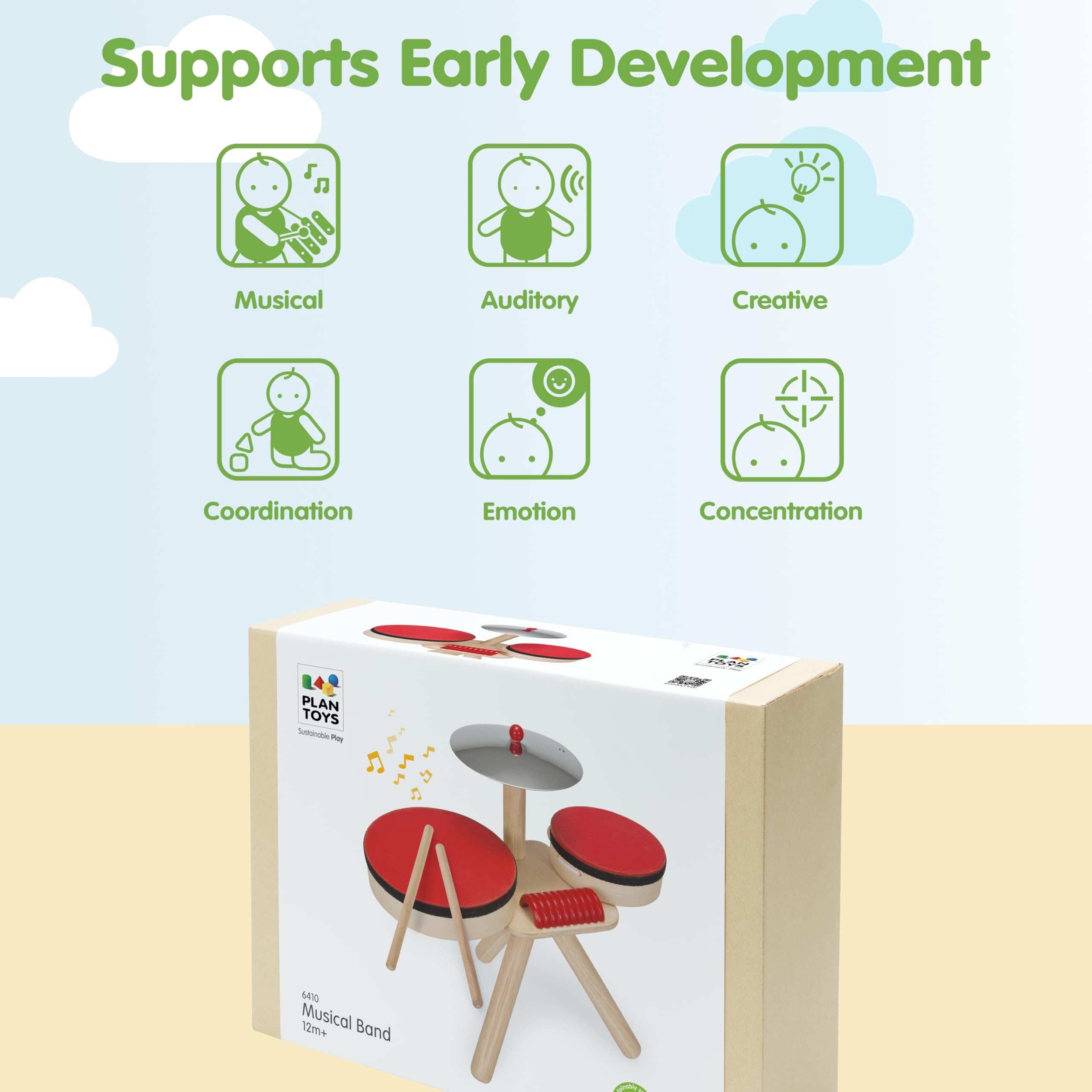 Plan Toys Musical Band | Drum Cymbal Guiro, Wooden Musical Band Set, Montessori sensory exploration, coordination creative expression, kids music inst