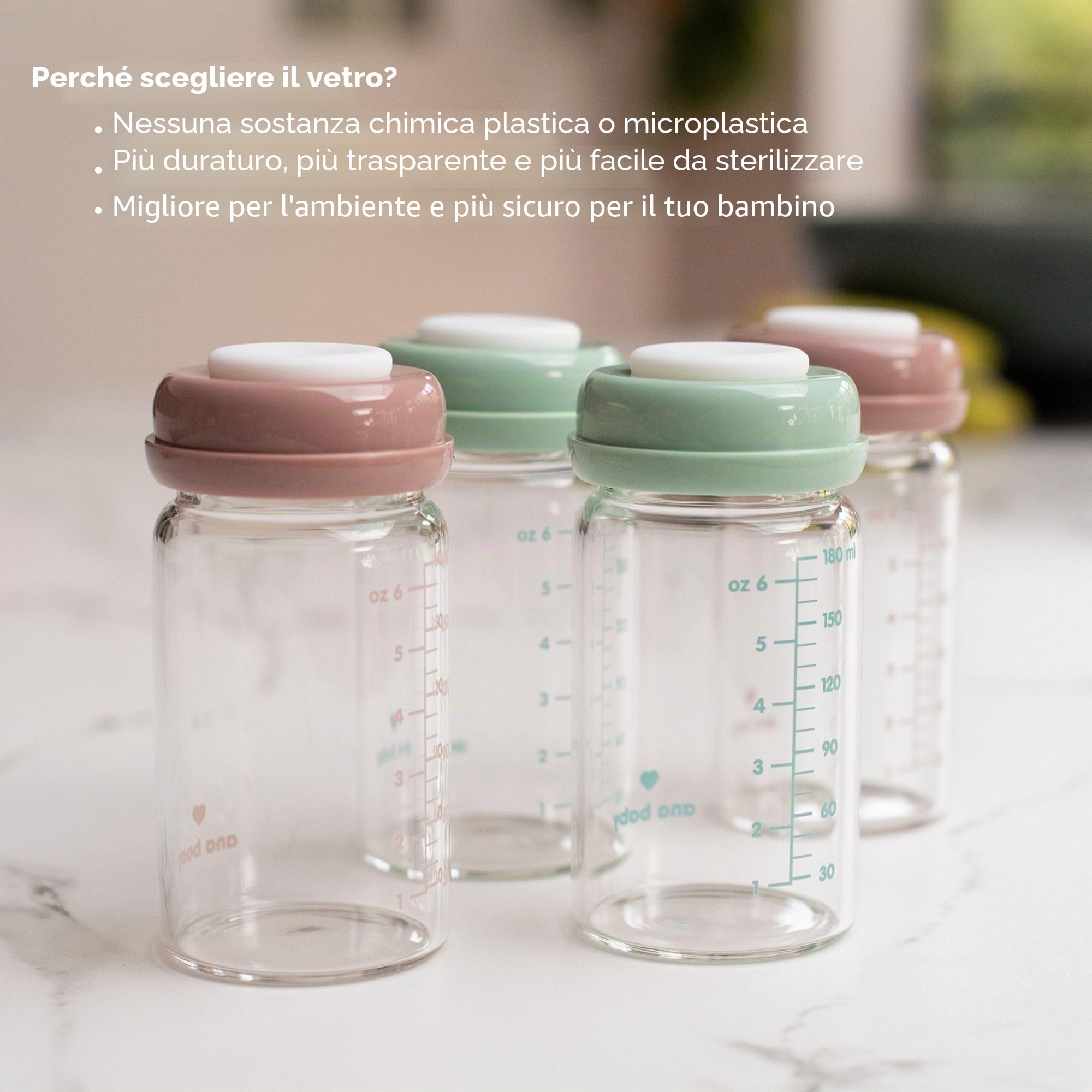 Bottiglie in vetro per latte materno di alta qualità, 180 ml, lavabili in lavastoviglie, adatte al congelatore e al microonde (4 bottiglie di vetro per conservare il latte materno, 4 x 180 ml)