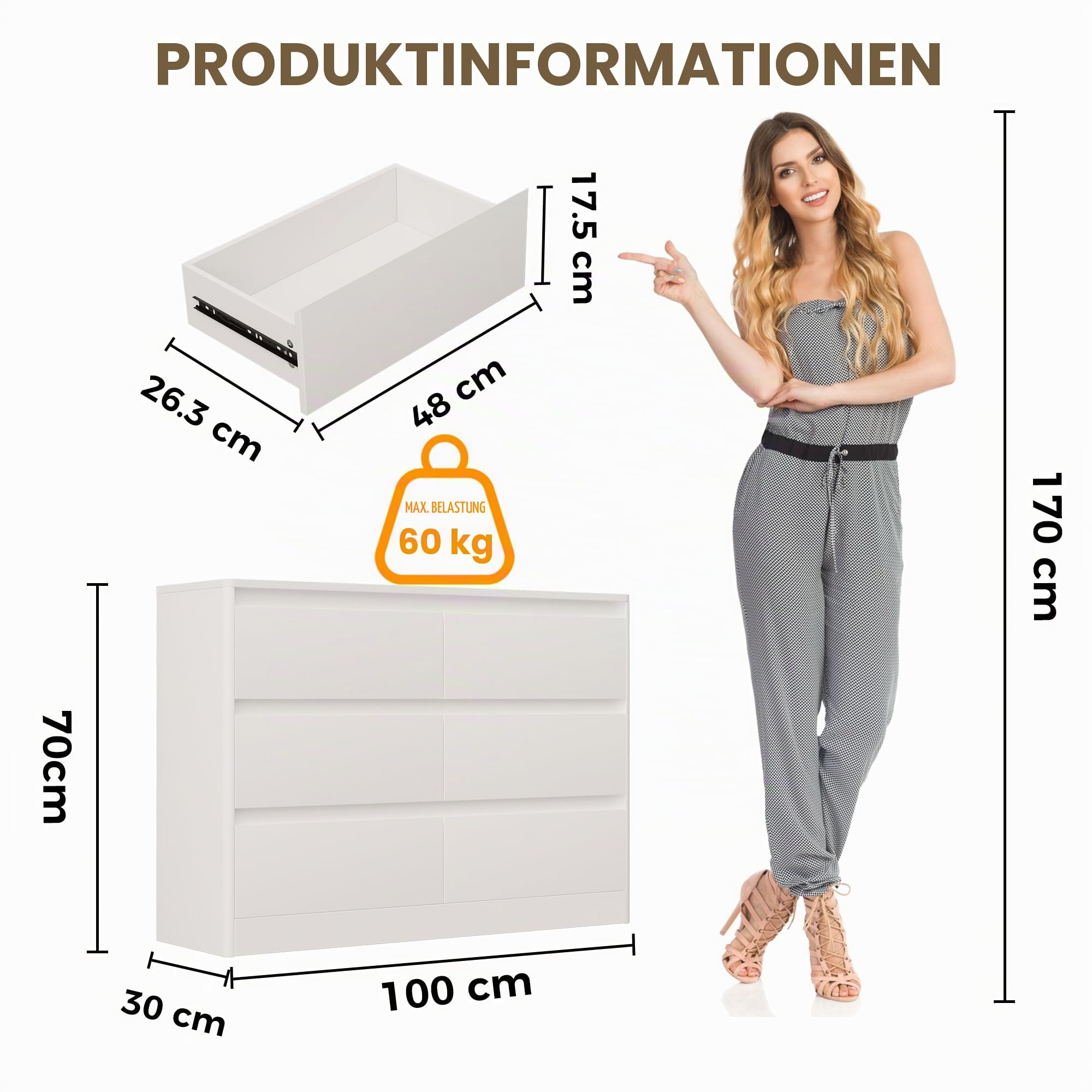 Kommode mit 6 Schubladen, Wackelfreier Stauraum fur Schlafzimmer