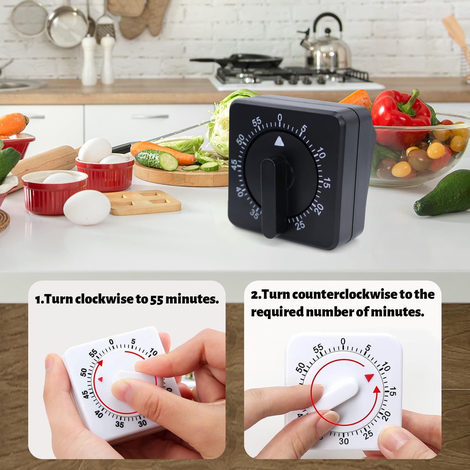 Een set van twee mechanische keukentimers met een looptijd van 60 minuten, te
