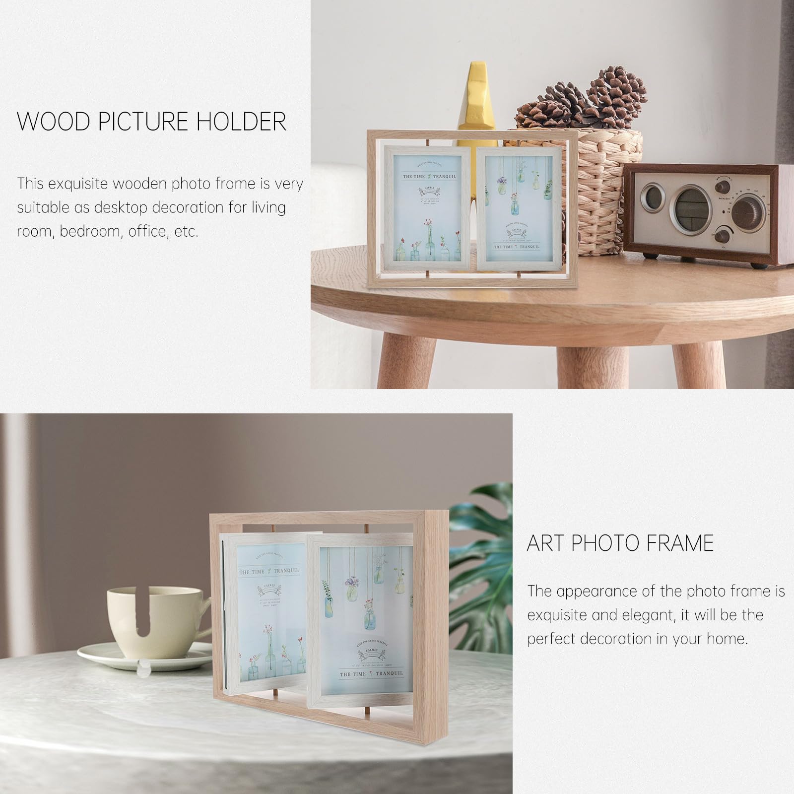 Marco de Fotos Giratorio de Madera Doble Cara de 6 Pulgadas, Diseño Elegante y Creativo para Decoración de Escritorio y Dormitorio