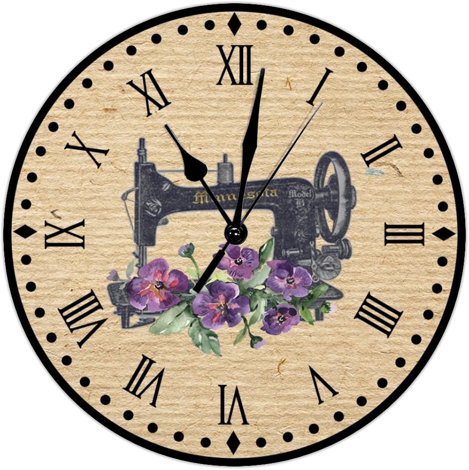 Flower Sewing Machine Clock Silent Battery Wood Wall Clocks Gift for Sewing Lover Tailor Wall Clocks Craft Room Decor Wall Clocks Vintage French 12inch Round Clock for Kitchen Dinning Room