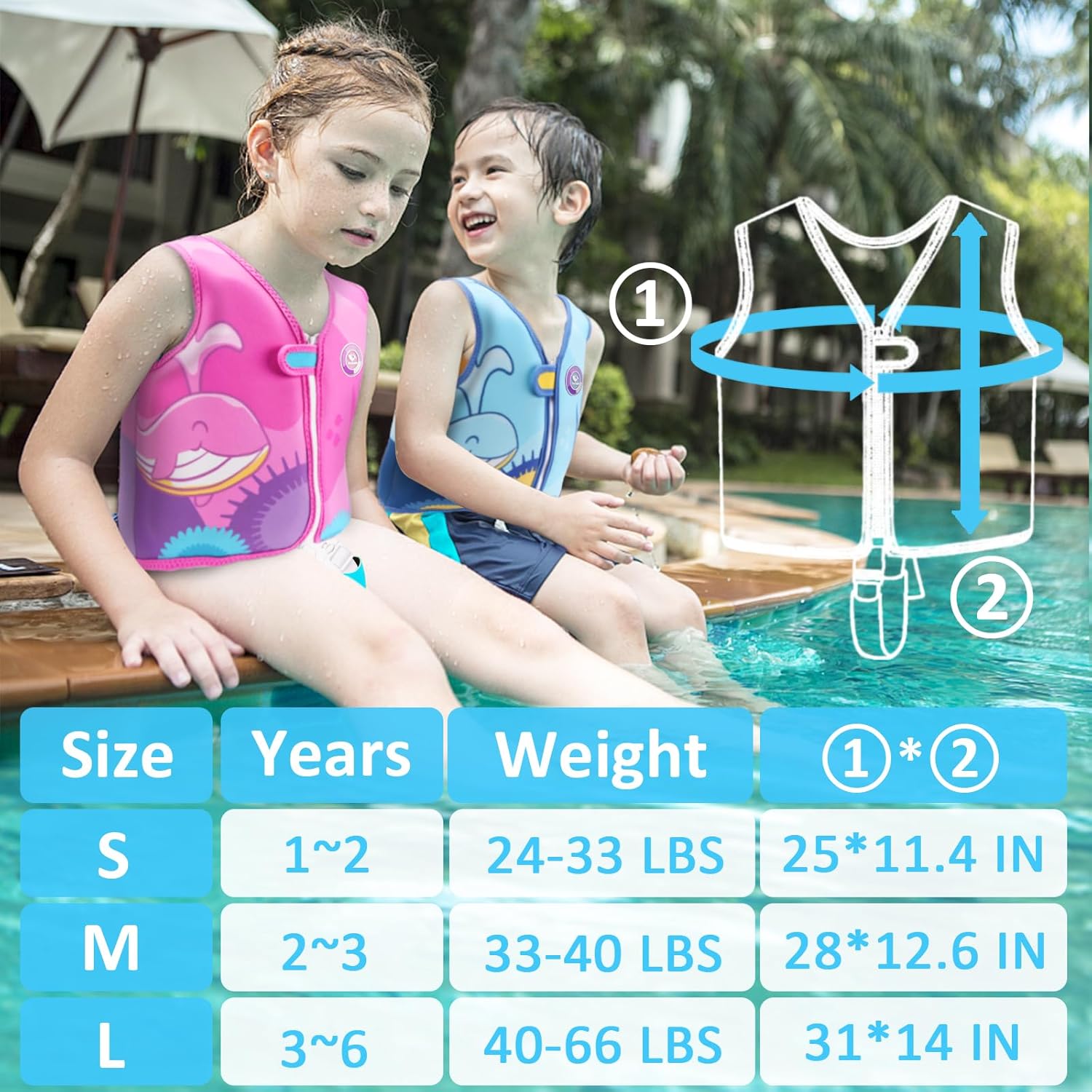 Pottwal Swim Vest for Kids - Swim Jacket - Made of Neoprene & EPE - with Adjustable Crotch Strap