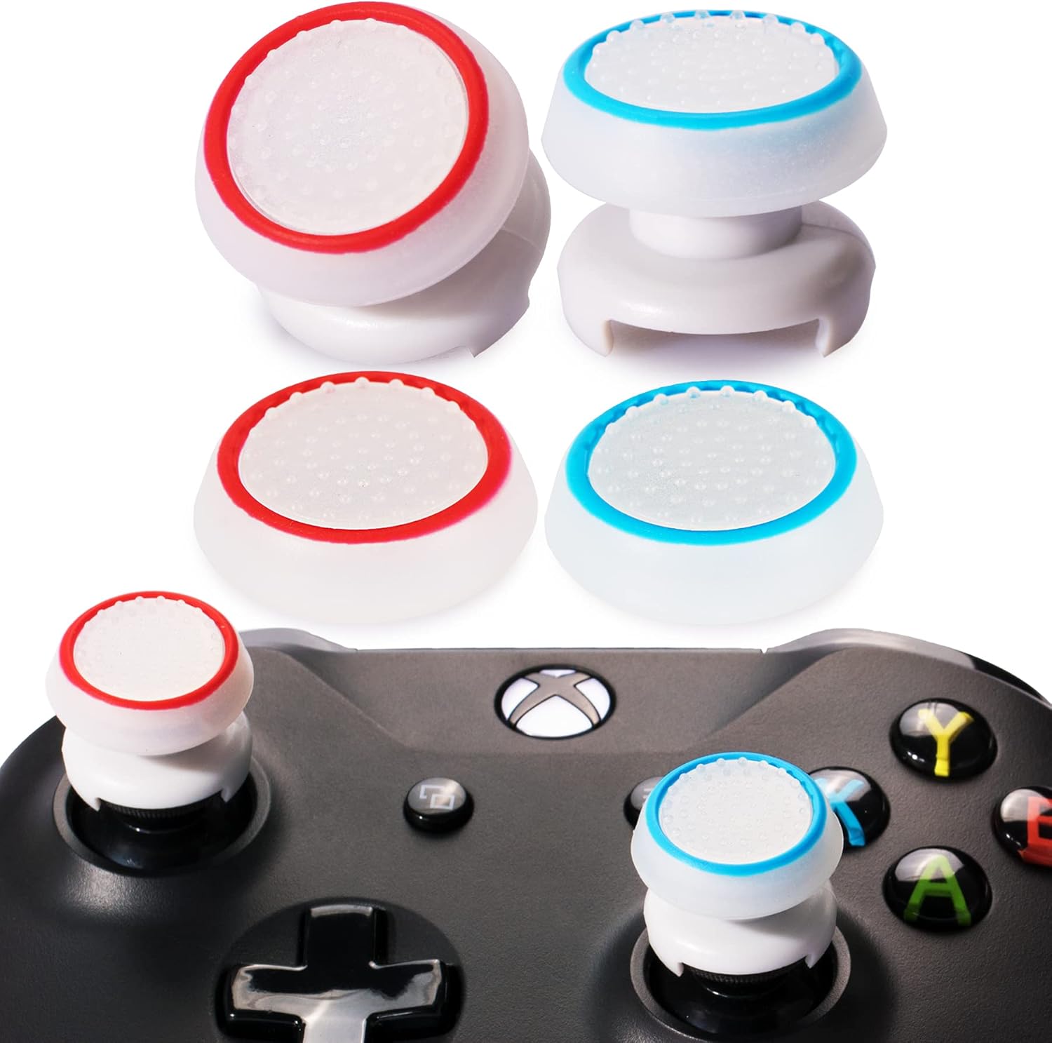FPS Thumbstick Extender x 2 & Printing Rubber Silicone Grip Cover x 4 for Xbox Series X/S & Xbox One Controller(Clear Red&Blue)