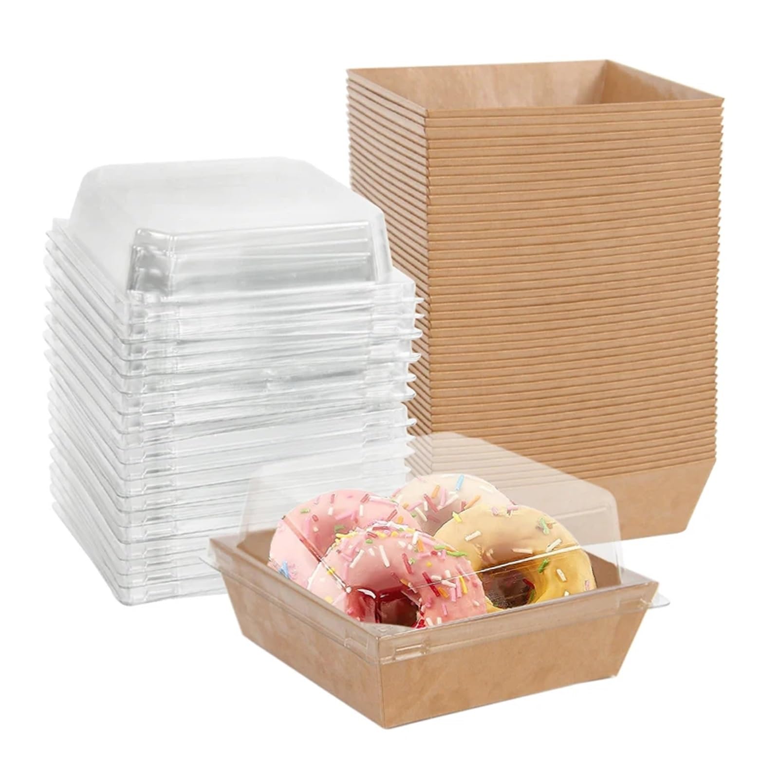 Gwyzax Boxes with Lids 30pcs Cake Donut Boxes Kraft Paper Dessert Cookie Bakery Food Packaging Box with Clear Lid Wedding Birthday Party Supplies