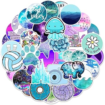 Dreamy Blue Purple VSCO Vinyl Stickers, 100 PCS Waterproof Illustrated Pattern Decals for Laptops, Scrapbooking, Journals, Notebooks, Water Bottles, Suitcases, Phones & DIY Decor