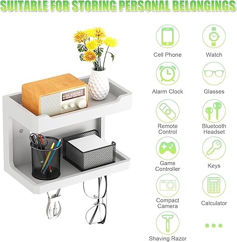 Miniatura 8 de NiHome Organizador grande de mesita de noche de madera para montar en la pared, estantes de almacenamiento dobles y ganchos magnéticos, estante de