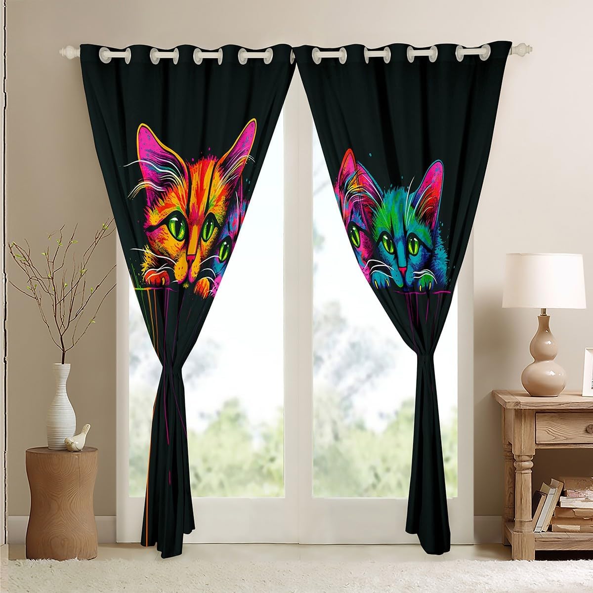 Erosebridal Colorful Cat Blackout Curtains 42" Wx84 L Neon Cats Curtains Cute Kitten Curtains & Drapes for Kids Boys Girls Teens Bedroom Funny Pet Animal Window Curtain 2 Panels Living Room Decor