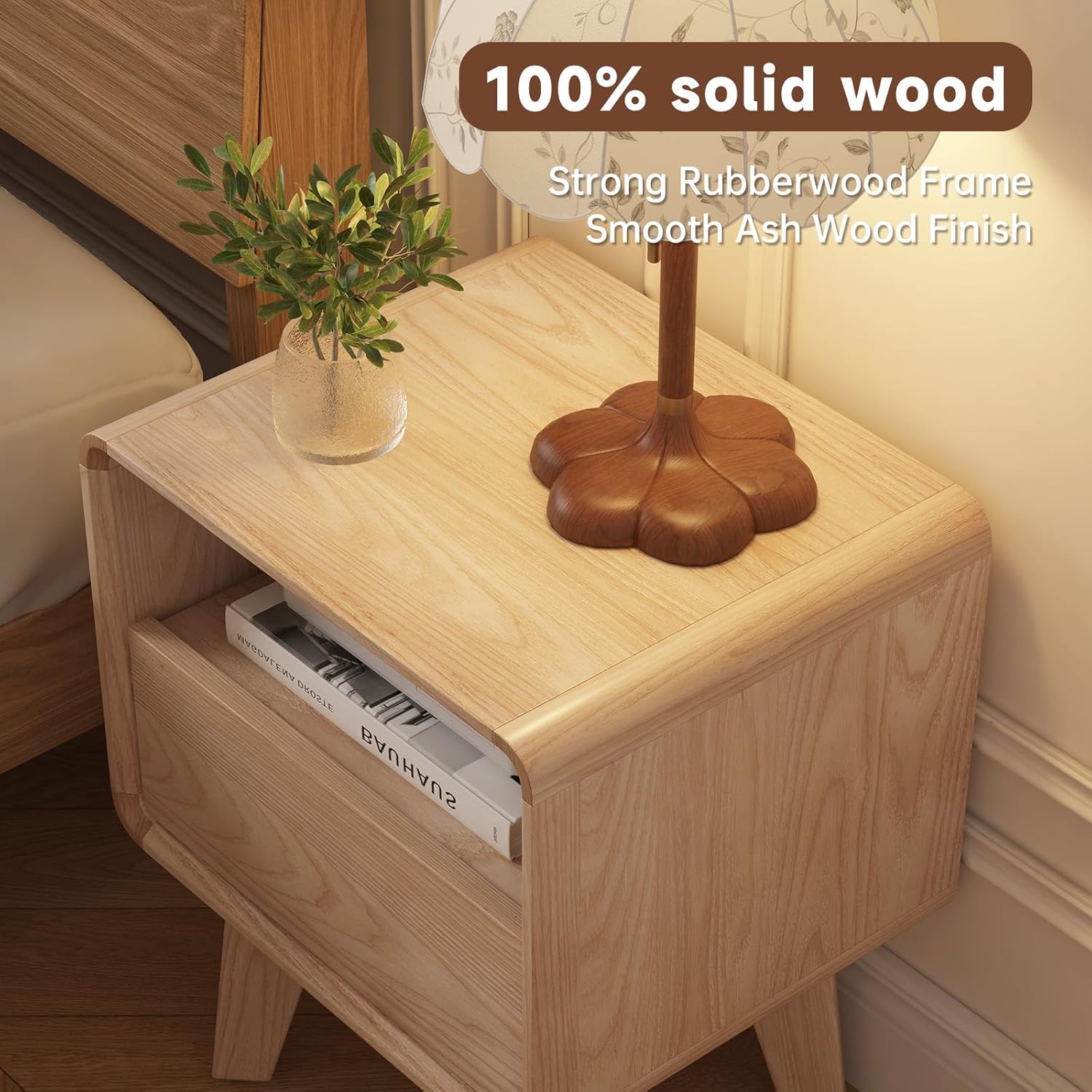 Solid Wood Nightstand, Mid-Century Modern Night Stand with Drawer & Open Shelf, Compact Bedside Tables for Bedroom, Office, Small Spaces, Light Natural Finish, Pre-Assembled