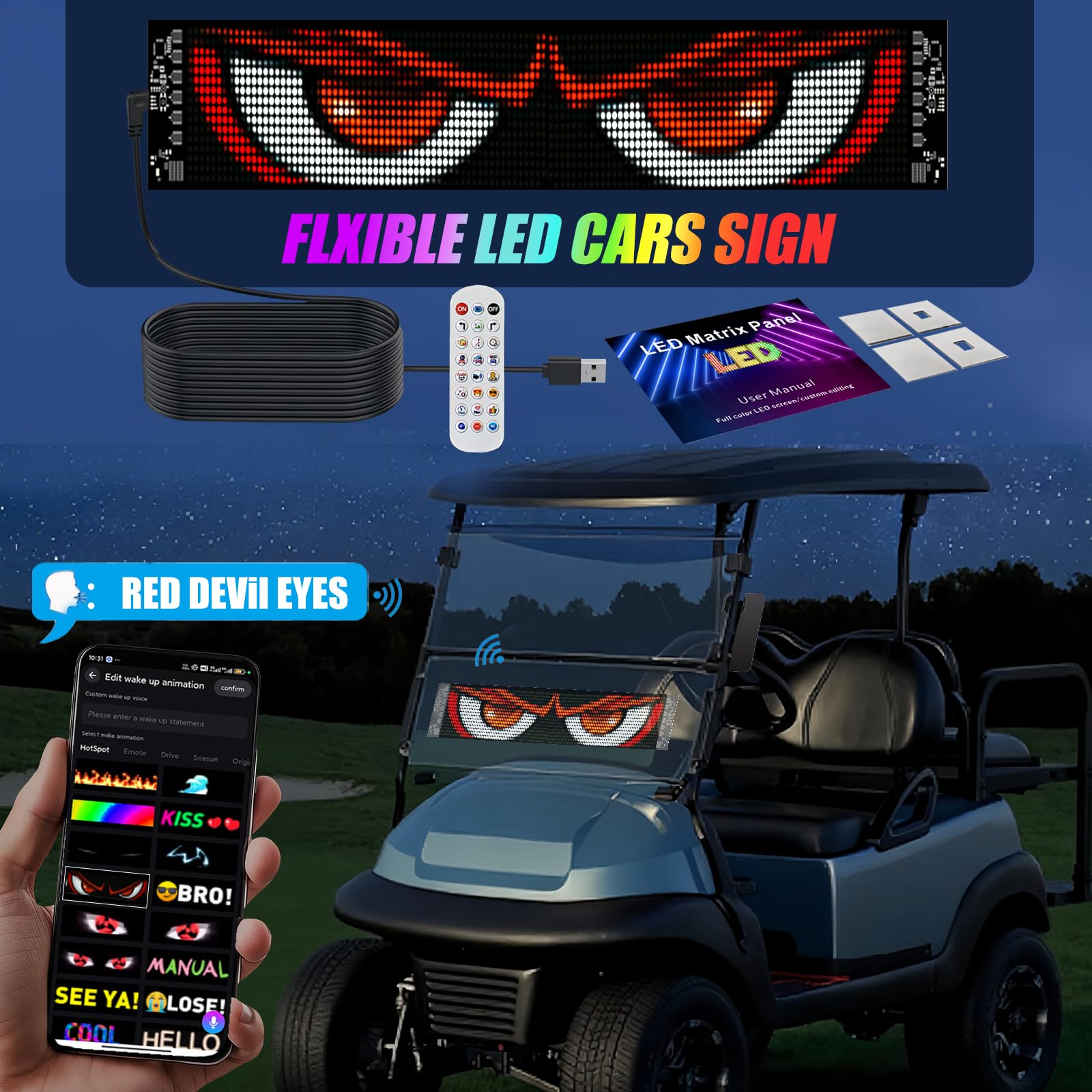 LED-Matrix-Display, flexibles Panel, Teufelsaugen-Licht für Auto-Windschutzscheibe, programmierbares LED-scrollendes Werbeschild mit Fernbedienung+APP+Sprachsteuerung, DIY-Muster-Animation (B3:595