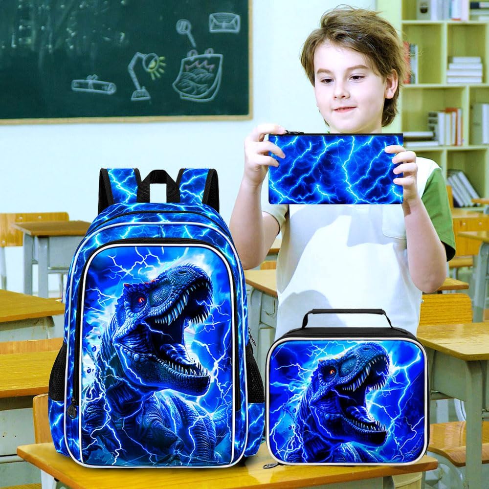 KLFVB 3PCS Boys Backpack Set, 17" Dinosaur Bookbag and Lunch Box, Water Resistant Teenagers School Backpacks for Middle Elementary - Lightning T-Rex - Image 8
