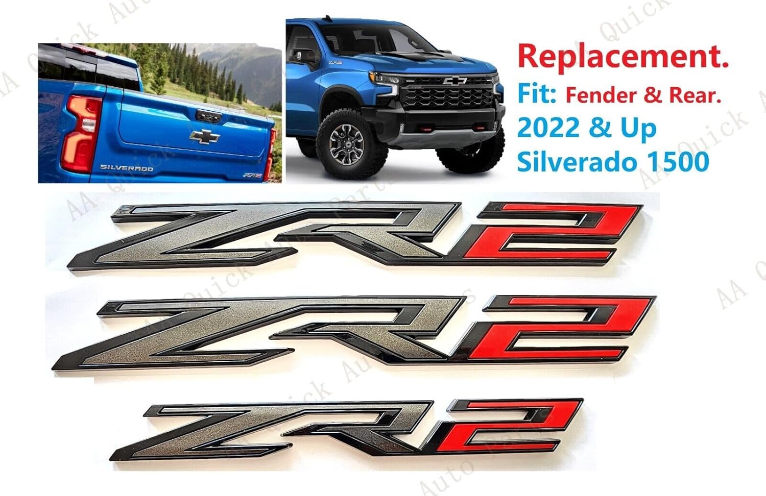 3Pcs Fender Rear ZR2 Emblem 3D Badge Nameplate Letter Decal Sticker Replacement for 2022-2024 Silverado 1500 (Gloss Black Red)