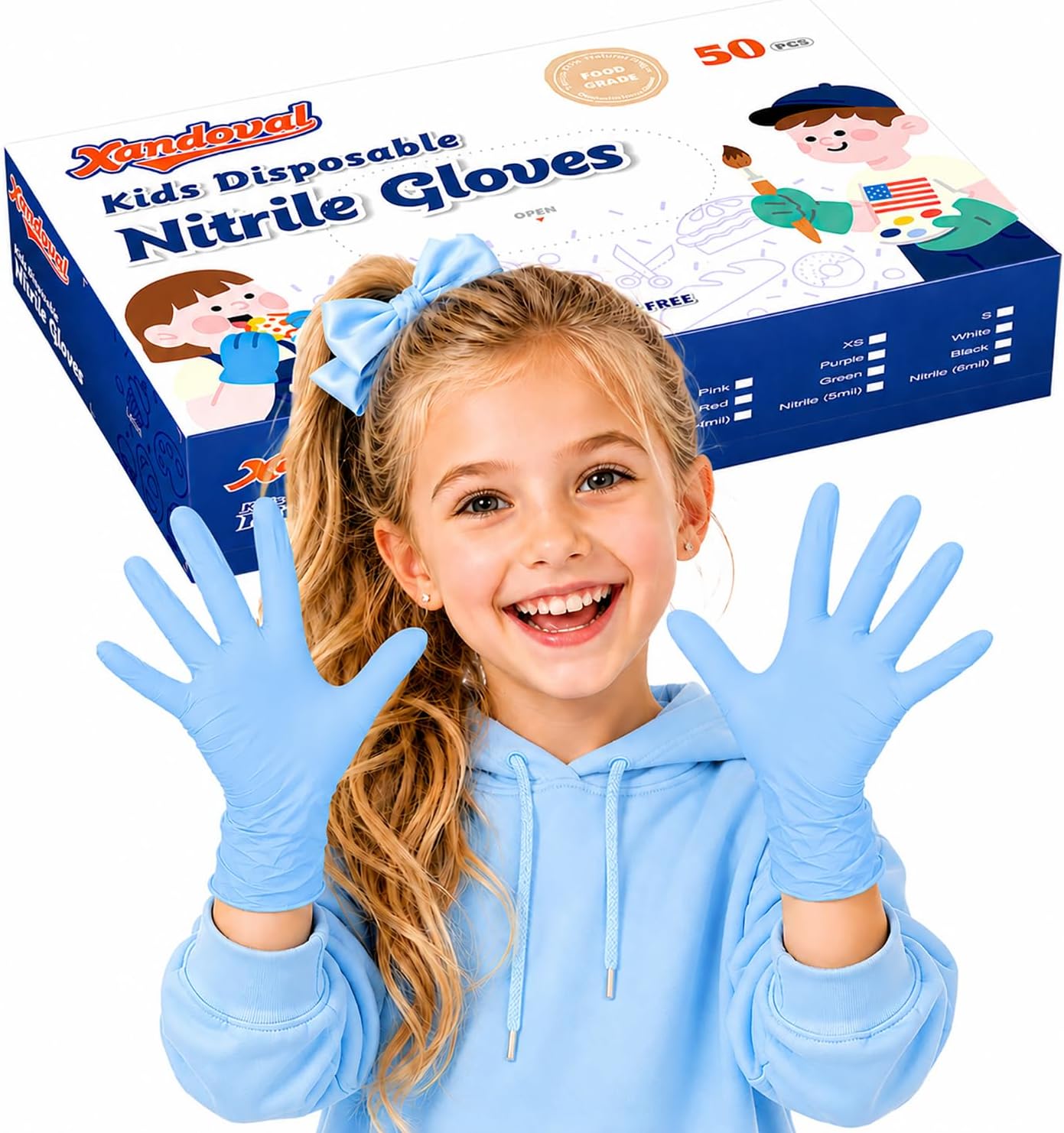 Kids Disposable Gloves for 3-8 Years, 5Mil Blue Nitrile Gloves with Latex-Free and Powder-Free, Durable and Protective for Work, Cleaning, Cooking, Gardening (XS,50PCS)