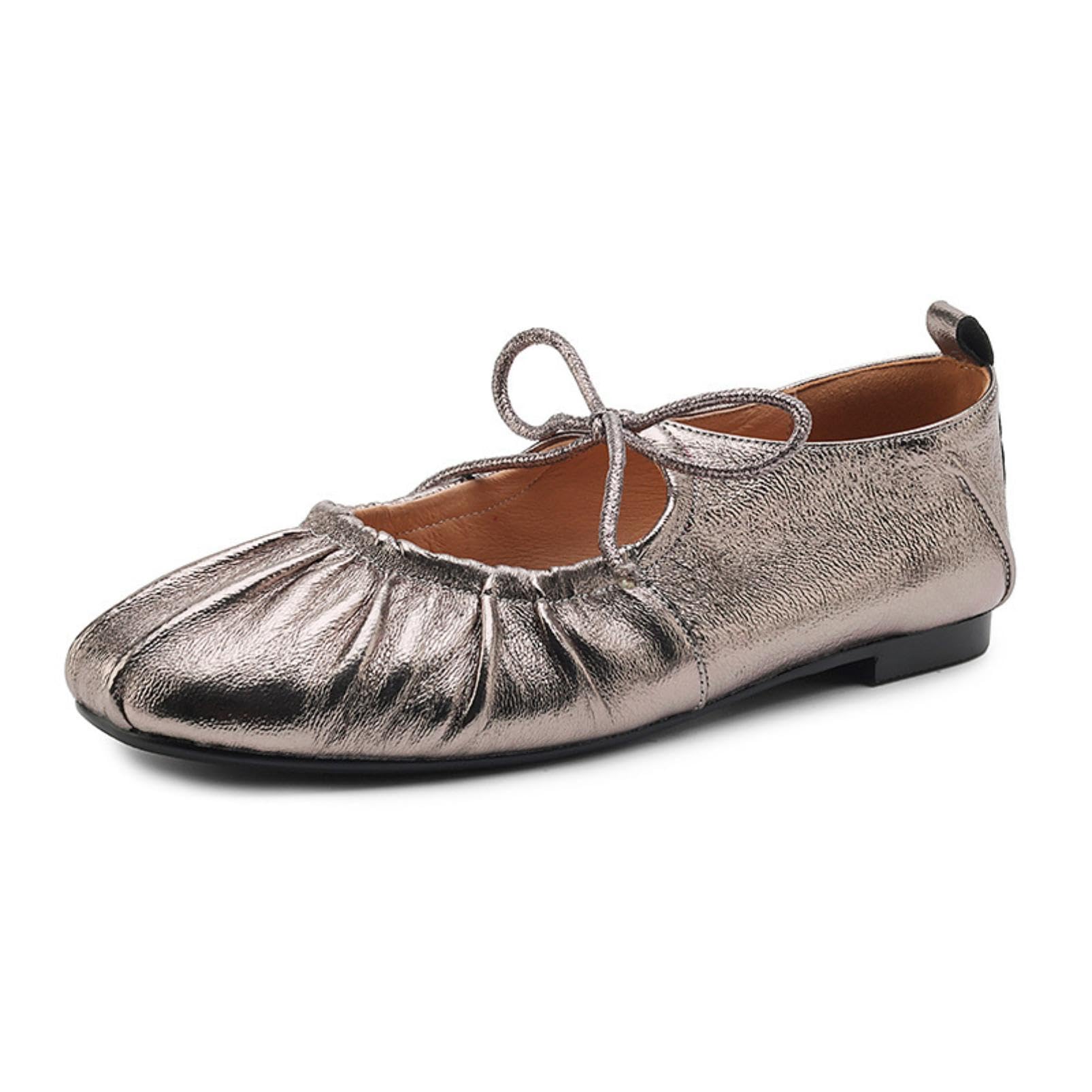 Generico Ballerine da Donna Metallizzate Punta Quadrata Tomaia Arricciata con Dettaglio Fiocco Tacco Basso Blocco Pelle Sintetica Comode per Festa