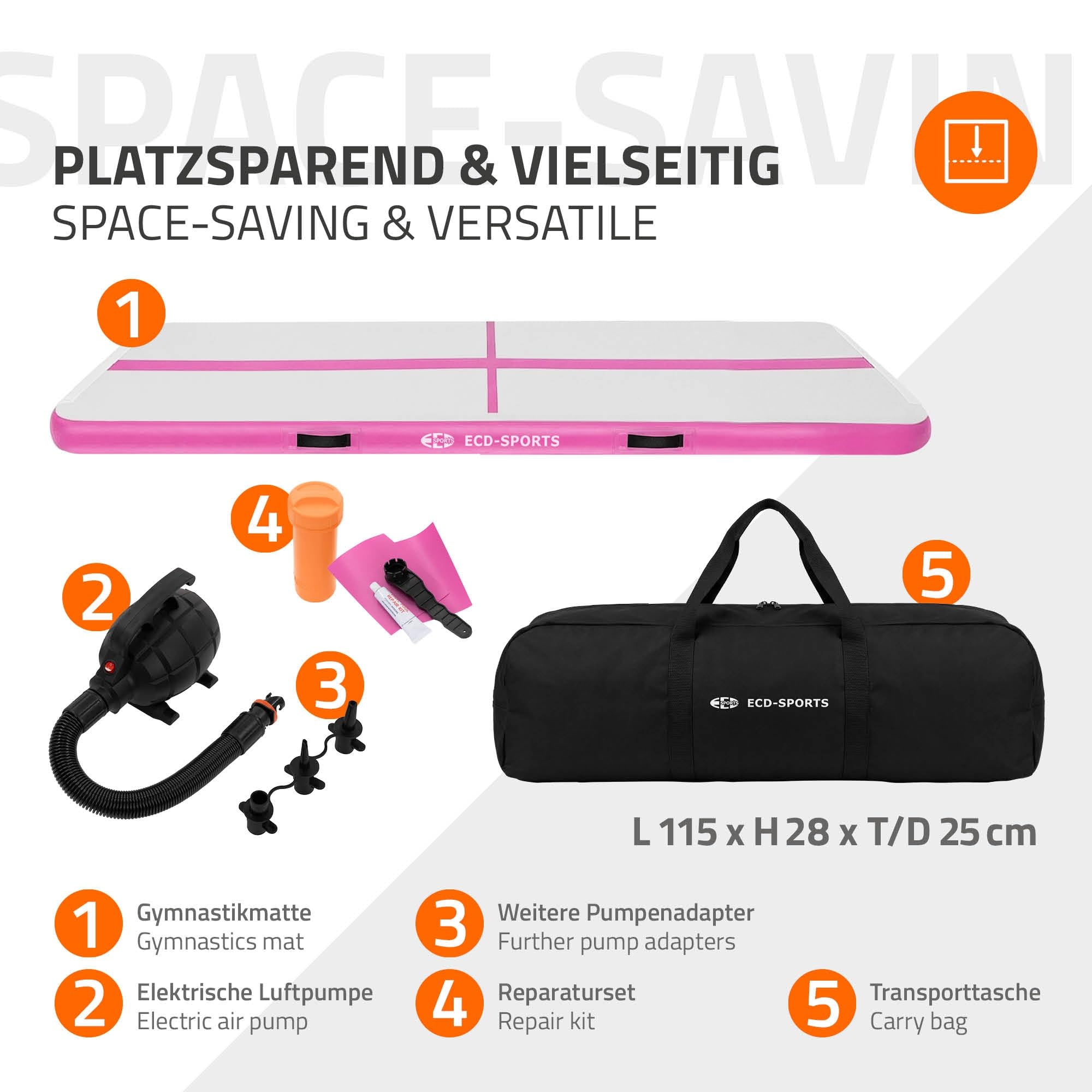 ECD Germany Aufblasbare Gymnastikmatte Turnmatte Airtrack 3m/4m/5m, Rosa/Mint-Grün, Tumbling Matte Air Matte Track Trainingsmatte Sportmatte Fitnessmatte Yogamatte mit Tragetasche & elektr. Luftpumpe