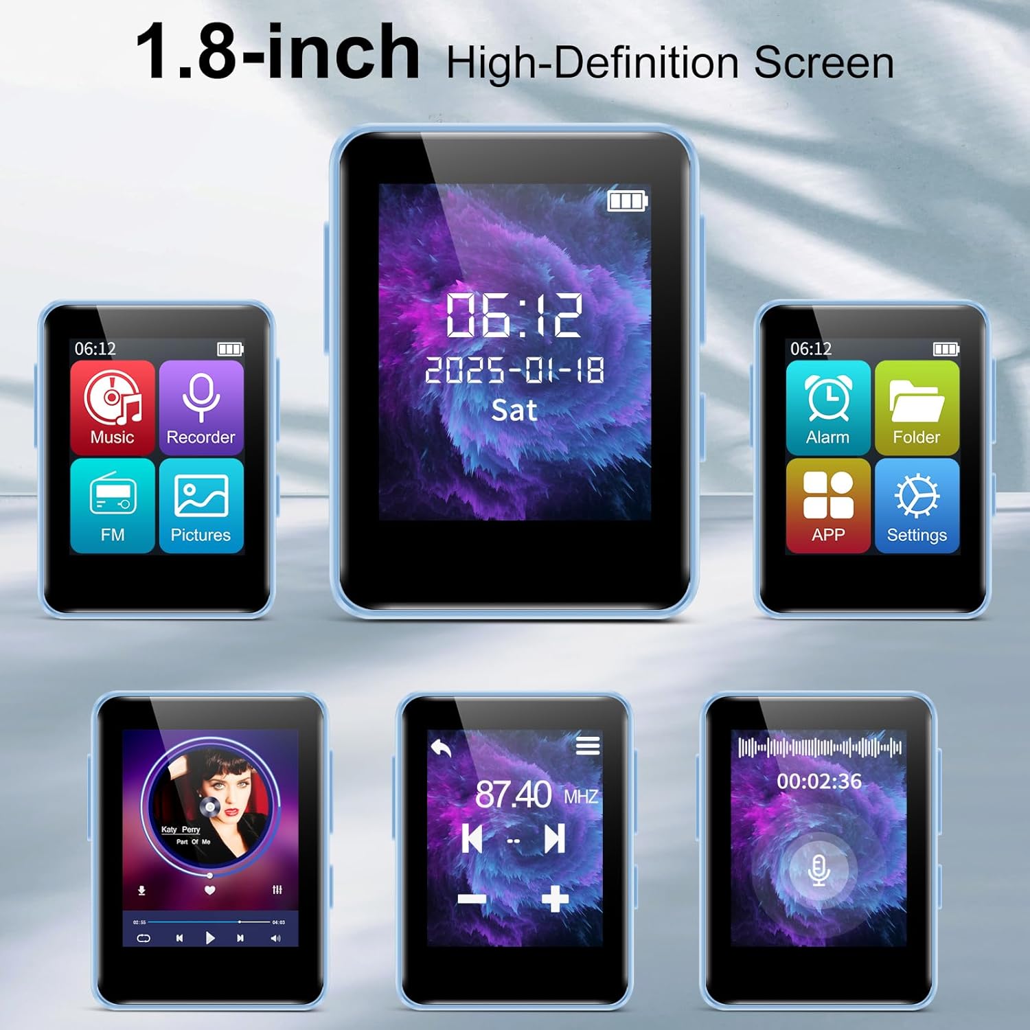 64GB MP3 Player, Bluetooth Music Player, Portable High Fidelity Lossless Music Player with Recorder, FM Radio, 1.8 inch Screen, Up to 512GB, Blue