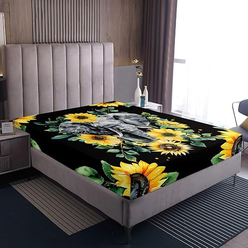 Miniatura 3 de Erosebridal Sábana bajera ajustable de elefante, sábana de girasol amarillo, tamaño Queen, juego de ropa de cama de animales de safari africano para