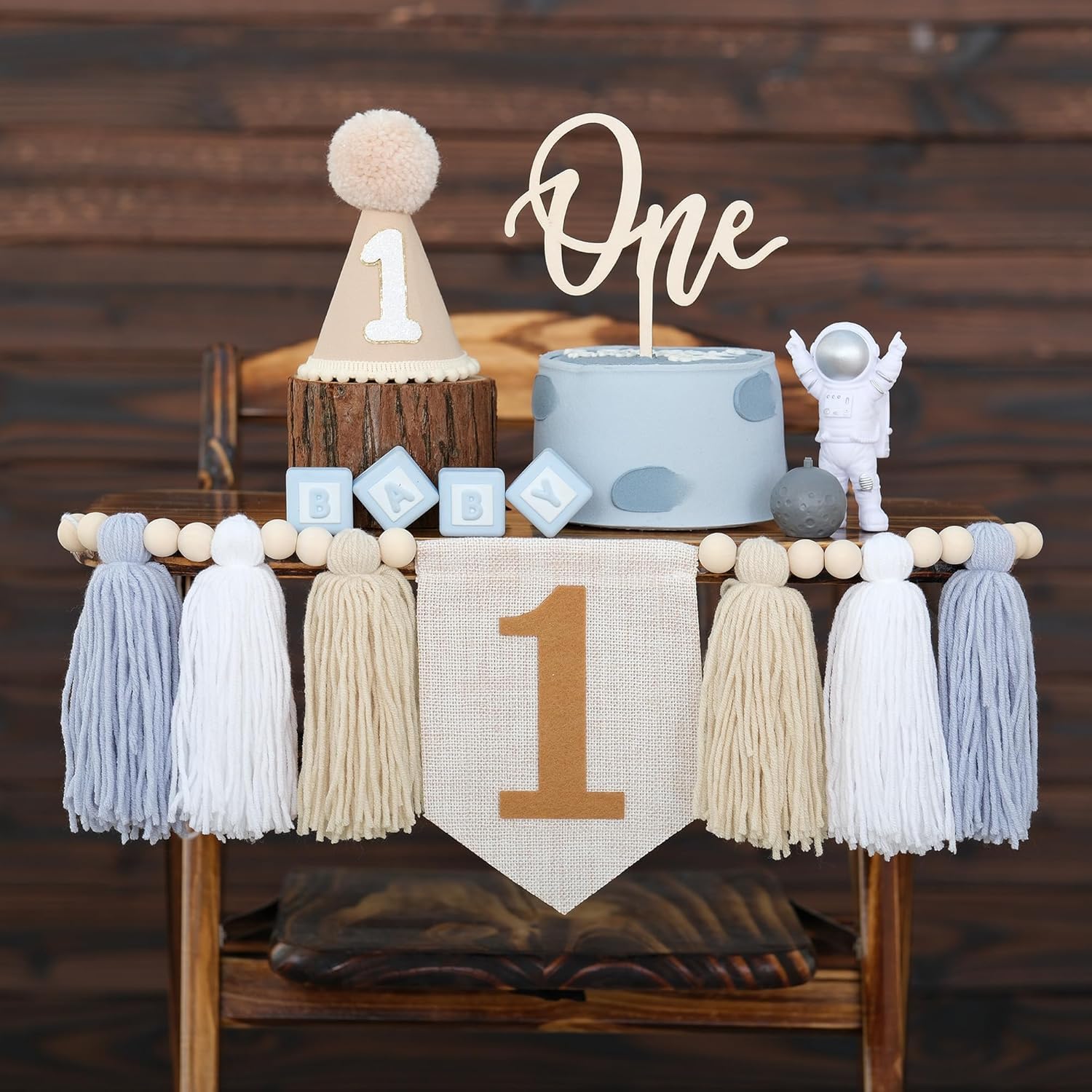 1st Birthday Highchair Banner Decorations For First Boys Khaki Cone Hat With One Cake Topper Photo Backdrop (Khaki)