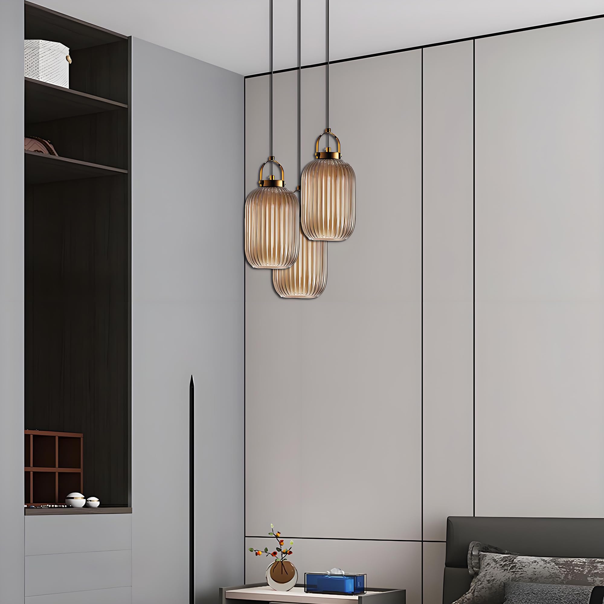 Lámparas colgantes, portalámparas dorado con pantalla de vidrio rayado, lámpara colgante, lámpara de techo para cocina, sala de estar, dormitorio (Ámbar, S)