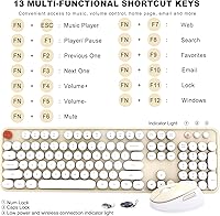 Vista 4 de Combo de teclado y mouse inalámbricos, teclado ergonómico de tamaño completo con diseño retro tipo máquina de escribir, con teclas redondas, Blanco