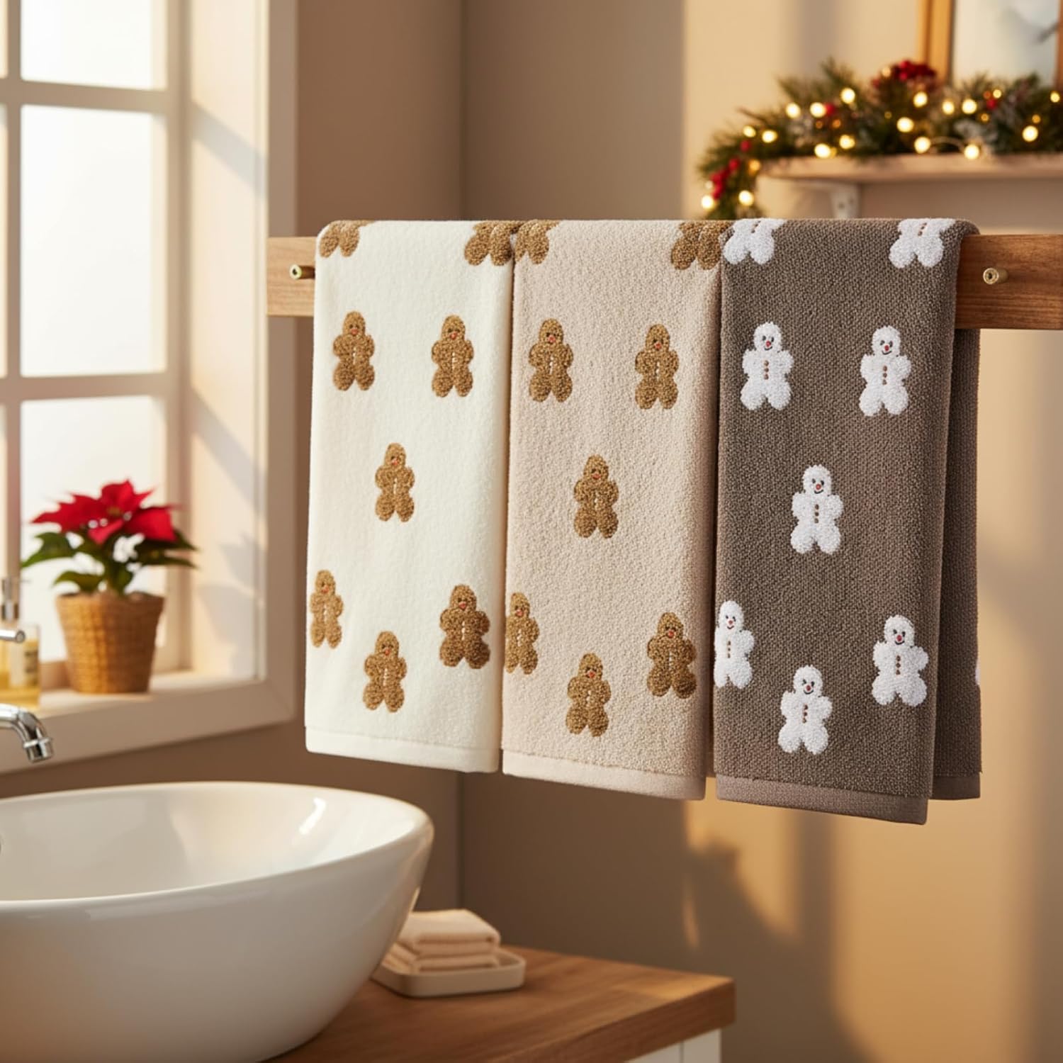 Oudain 3 Pcs Christmas Gingerbread Hand Towels Embroidered 100% Cotton Gingerbread Man Decorative Bath Towels for Xmas Winter Farmhouse Bathroom Hand Drying Kitchen Party Gift 13.7 x 29.5 Inch