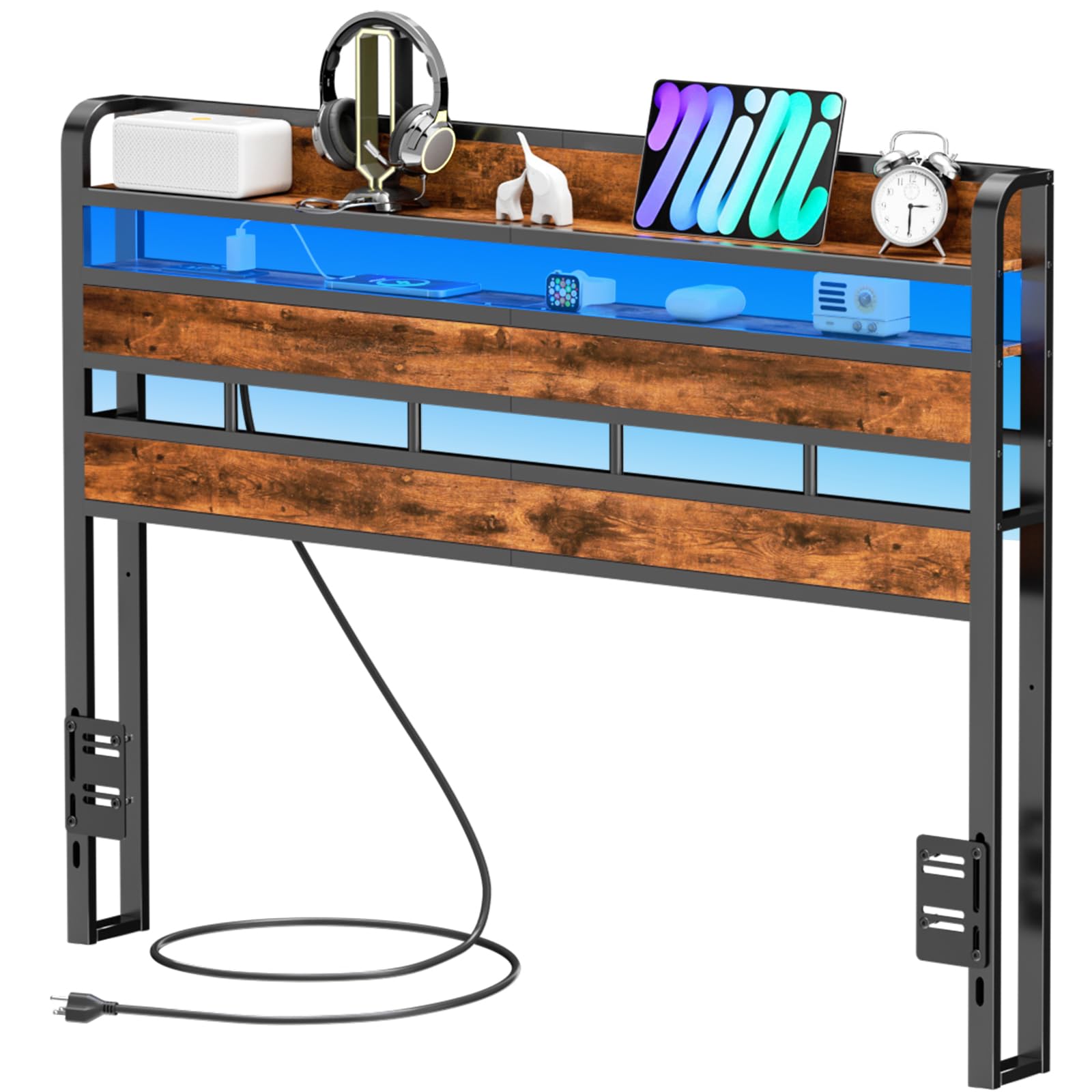 Furnulem Headboard for Queen Size Bed with Storage, LED Light Head Boards with Outlets & USB Ports, Height Adjustable Headboards for Dorm Bedroom, Sturdy Stable Cabeceras de Cama Rustic Brown