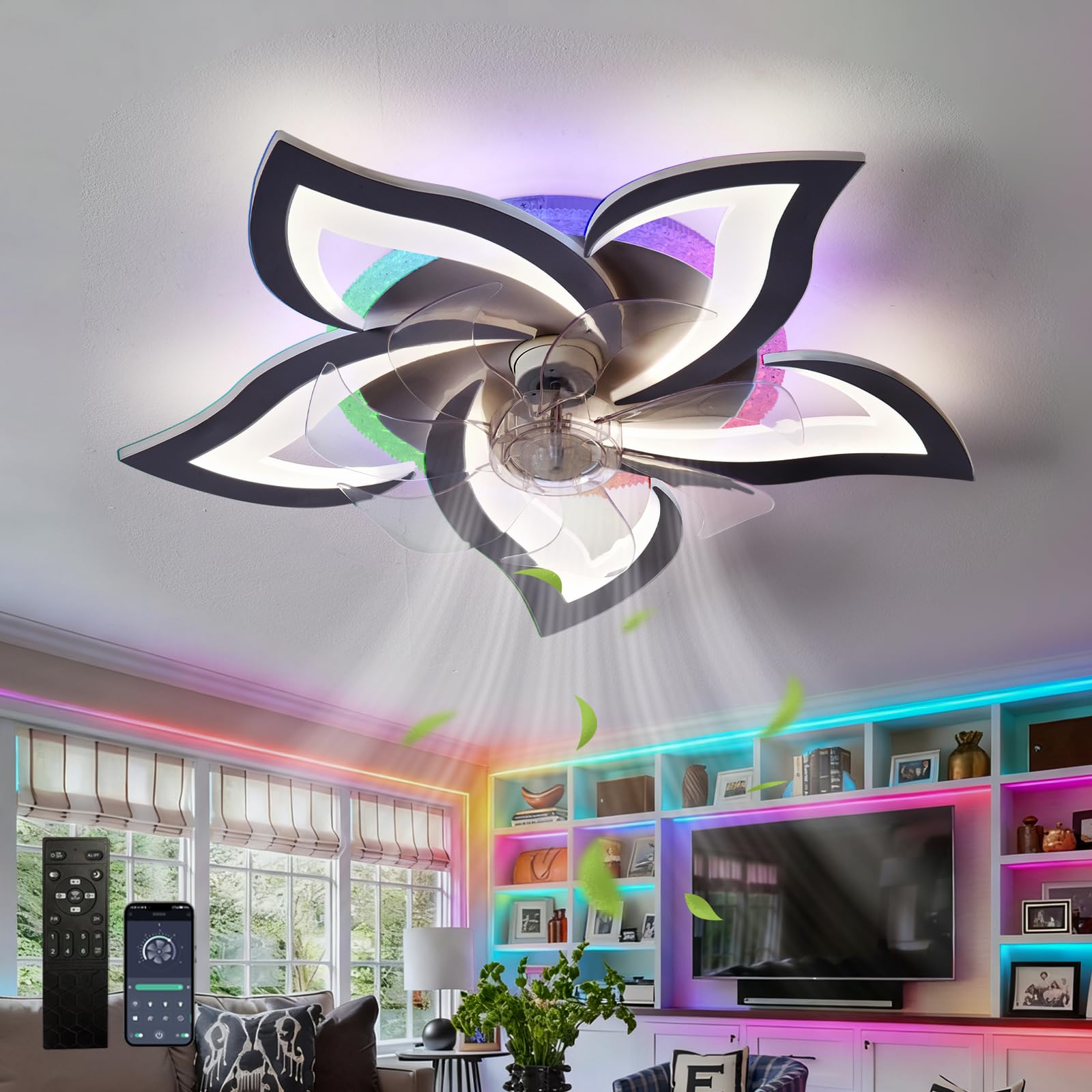 Wentylator Sufitowy z OśWietleniem LED RGB i Funkcją śCiemniania, Wentylator z Timerem, 6-Biegowy, Odwracalny, Cichy, do Salonu, Sypialni i Pokoju Gier-Black