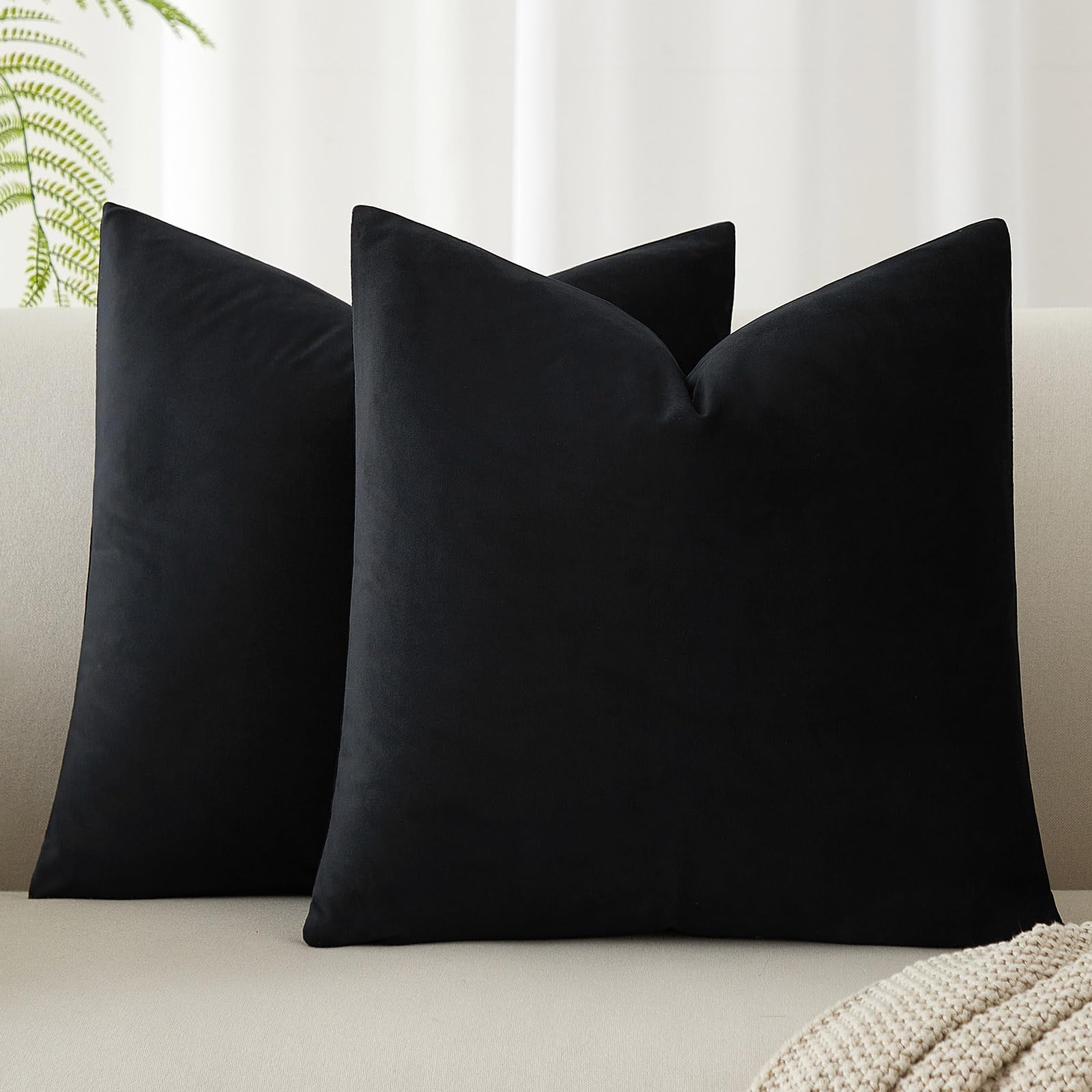 JUSPURBET Velvet Decorative Throw Pillow Covers 14x14 Set of 2,Black