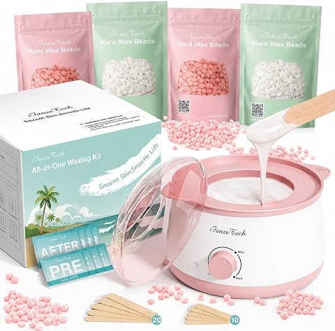 iFanzeTech Waxing Kit for Women & Men: Premium Hot Wax Pot Kit at-Home Hair Removal, for Body, Face, Bikini, Legs, Brazilian & Sensitive Skin, Beginner Friendly with Wax Warmer & 4 Beads (Pink)