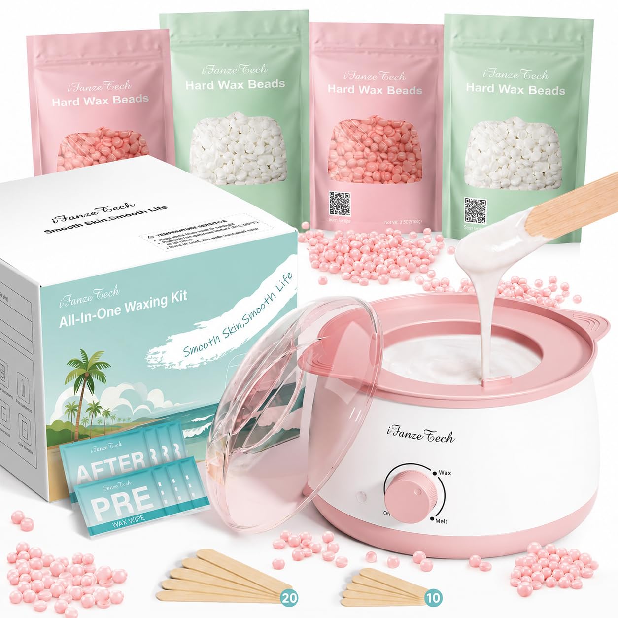 iFanzeTech Chauffe Cire Epilation Appareil Chauffe-cire: Kit Cire Épilation avec 400g Perles de Cire et bol silicone, Chauffe 10 mins, Pour Maillot, Visage, Corps, Pour les Débutants(Rose)