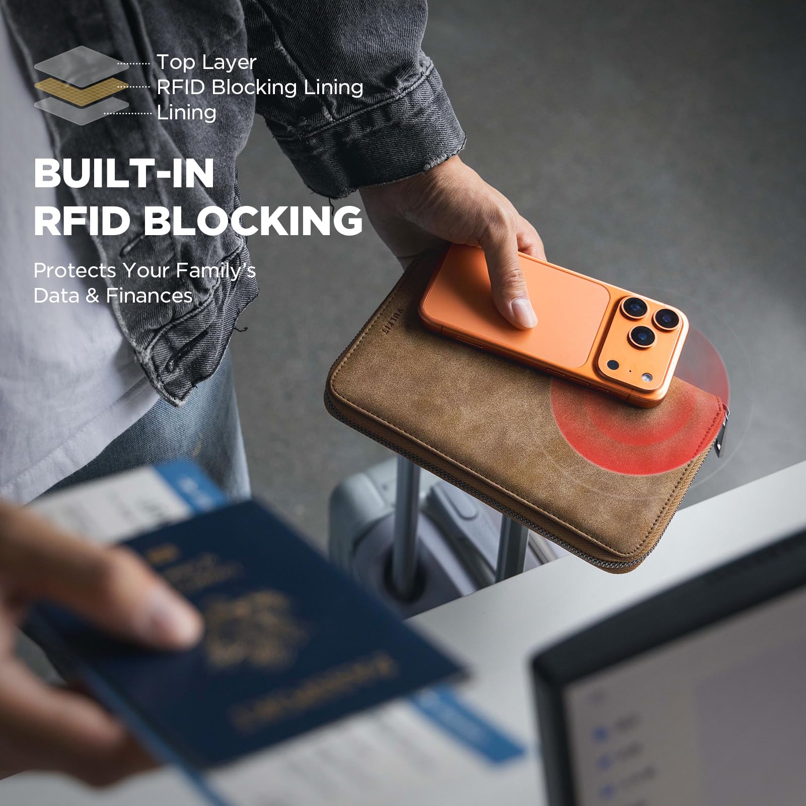 VULKIT Funda Pasaporte Familiar para 3-4 Pasaportes Protección RFID Portadocumentos Viaje Mujer & Hombre Porta Pasaport para Billetes, Dinero, Tarjetas, Tarjeta SIM, Bolígrafo - Marrón