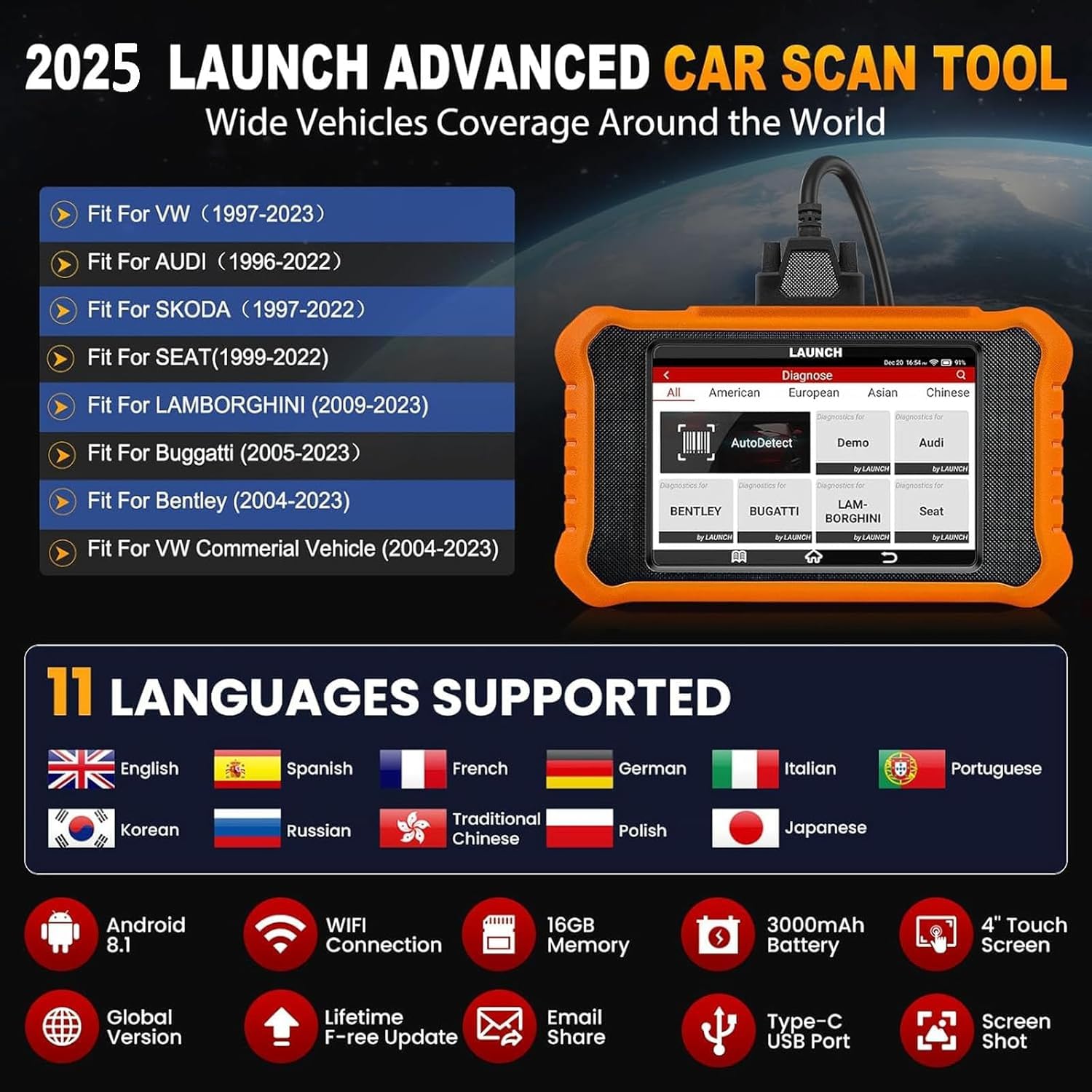 LAUNCH CRE 2.0 OBD2 Diagnosegerät für VW/für Audi/für Skoda/für Seat/für Bentley/für Bugatti/für Lamborghini,Alle Systems:Motor,Getriebe,ABS,SRS,TPMS,EPB,ESP usw.50+ Reset-Funktion,ECU-Codierung
