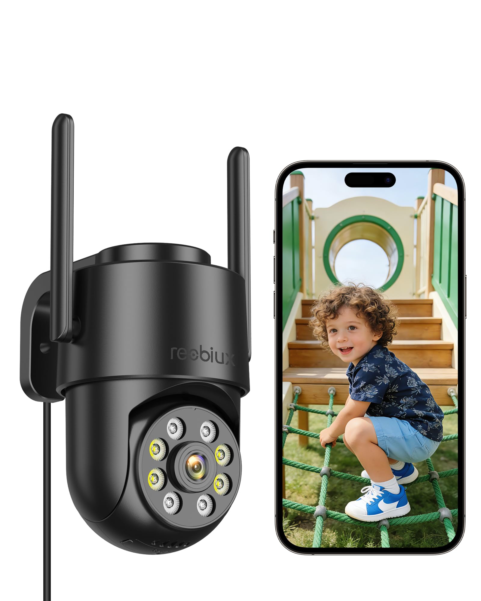 Reobiux Kamera zewnętrzna WiFi Nadzoru, 2K Wodoodporna WiFi 2,4 GHz, PTZ 360°, Wykrywanie ruchu, Noktowizor, Dwukierunkowy dźwięk, Bezpieczeństwo domu, Garażu i ogrodu, Kabel 3m