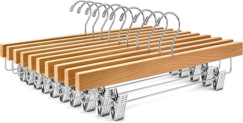 ZOBER Perchas de madera para pantalones con clips, paquete de 10 perchas de madera de loto maciza de alta calidad para mujer, colgador de madera