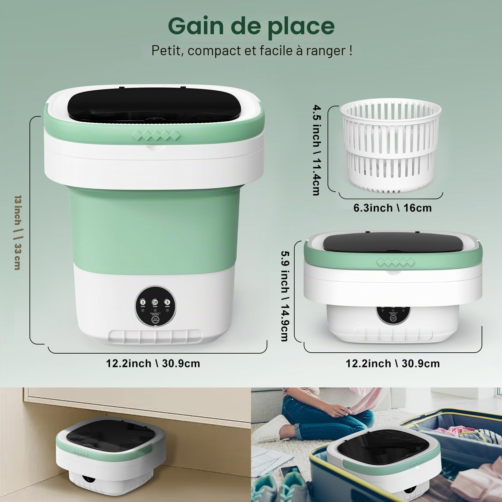 Mini Machine à Laver Portable 12L avec 3 Modes de Nettoyage & Panier d'Essorage Amovible