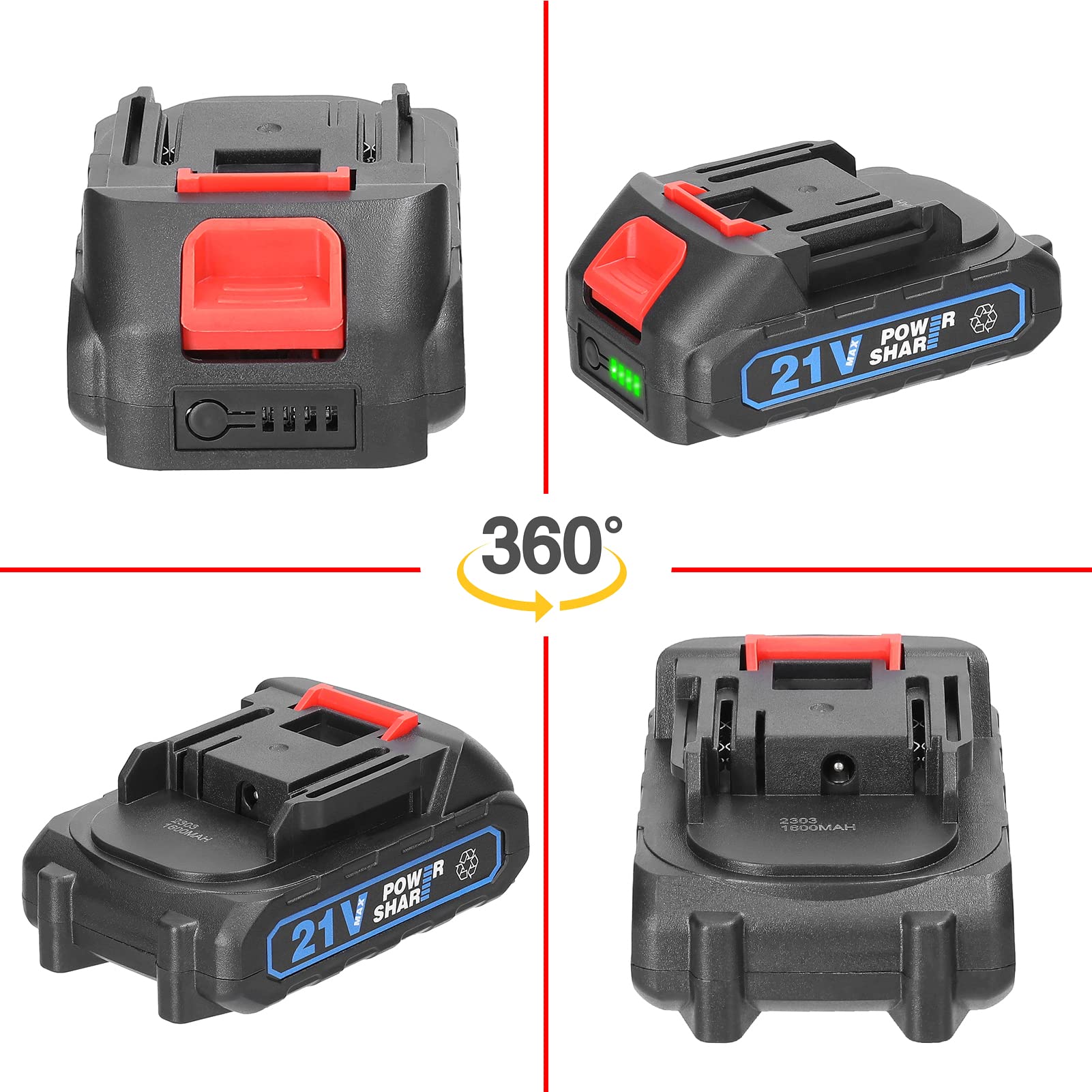 Batterie au Lithium Rechargeable 21 V et Adaptateur de Batterie Batterie de Rechange pour Outil électrique avec Voyant de Niveau de Batterie