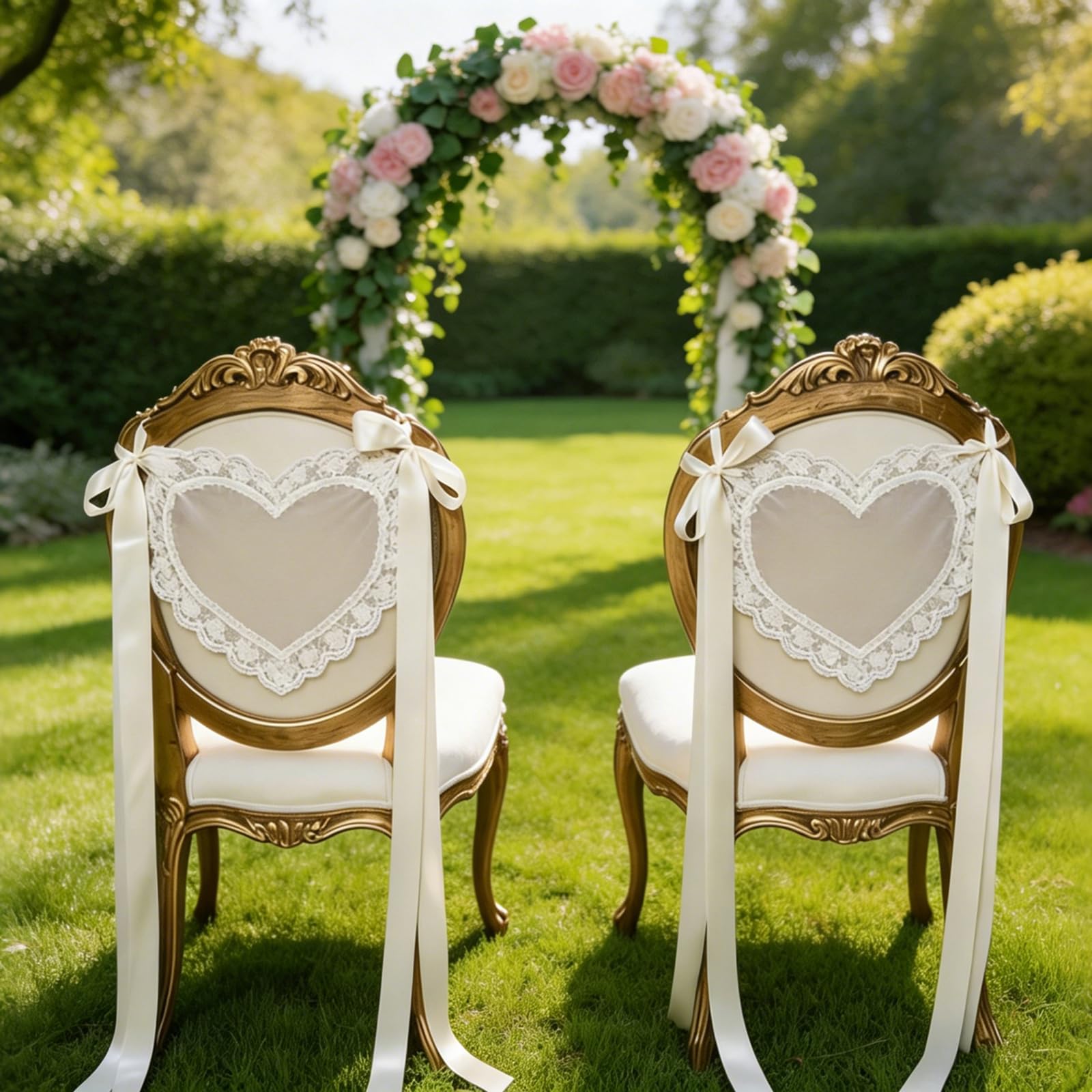 2Pcs Wedding Chair Decorations White Heart Lace Sheer Chair Signs with Ribbon for Party Reception Banquet Hotel Chairs Outdoor Decor (White, 33cm*40cm)