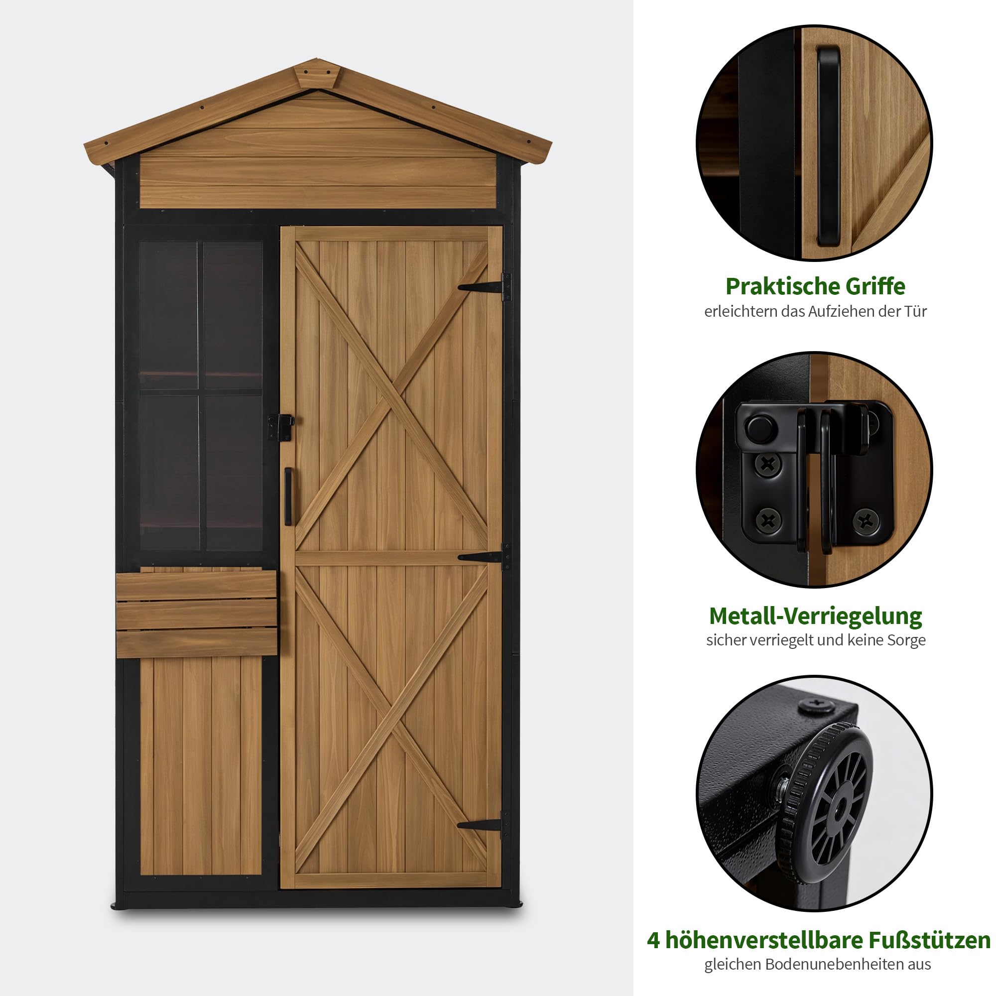 MCombo Gartenschrank Holz Metallgestell, Natur, 2750 | 3 Ablagen, Wetterfest, Wasserdicht, Für Außenbereich, Garten & Terrasse