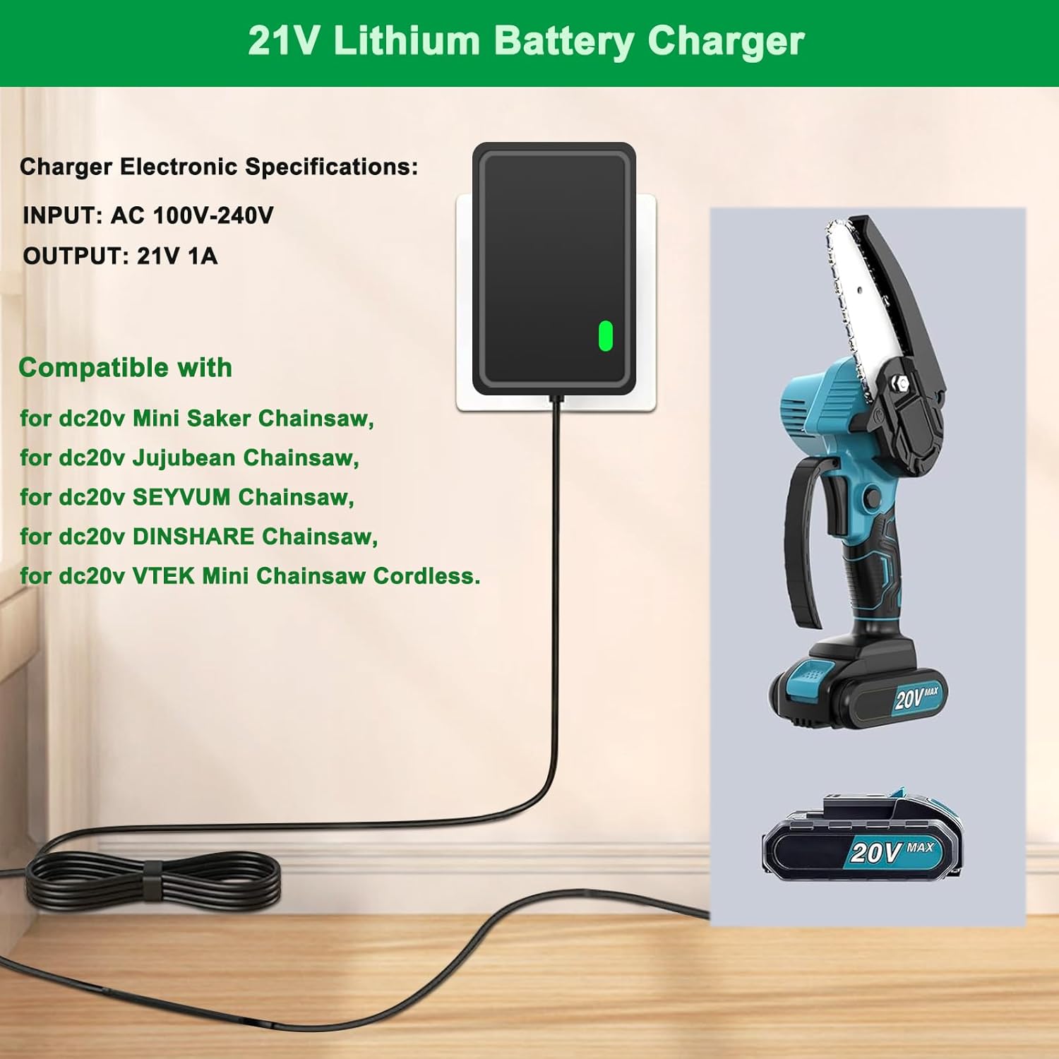21V Lithium Battery Charger for 20V/21V Power Tools - Compatible with Mini Chainsaw, Hand Drills, Electric Wrenches, Screwdrivers - Fast Charging & Overload Protection. - Image 2