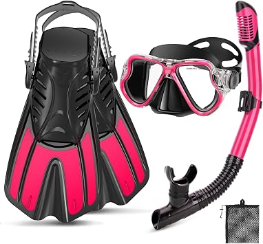 Snorkeling Gear for Adults, 4 in 1 Adult Snorkel Set with Panoramic View Snorkel Mask, Dry Top Snorkel, Adjustable Short Fins and Travel Bag, Snorkel Set with Fins for Snorkeling Diving